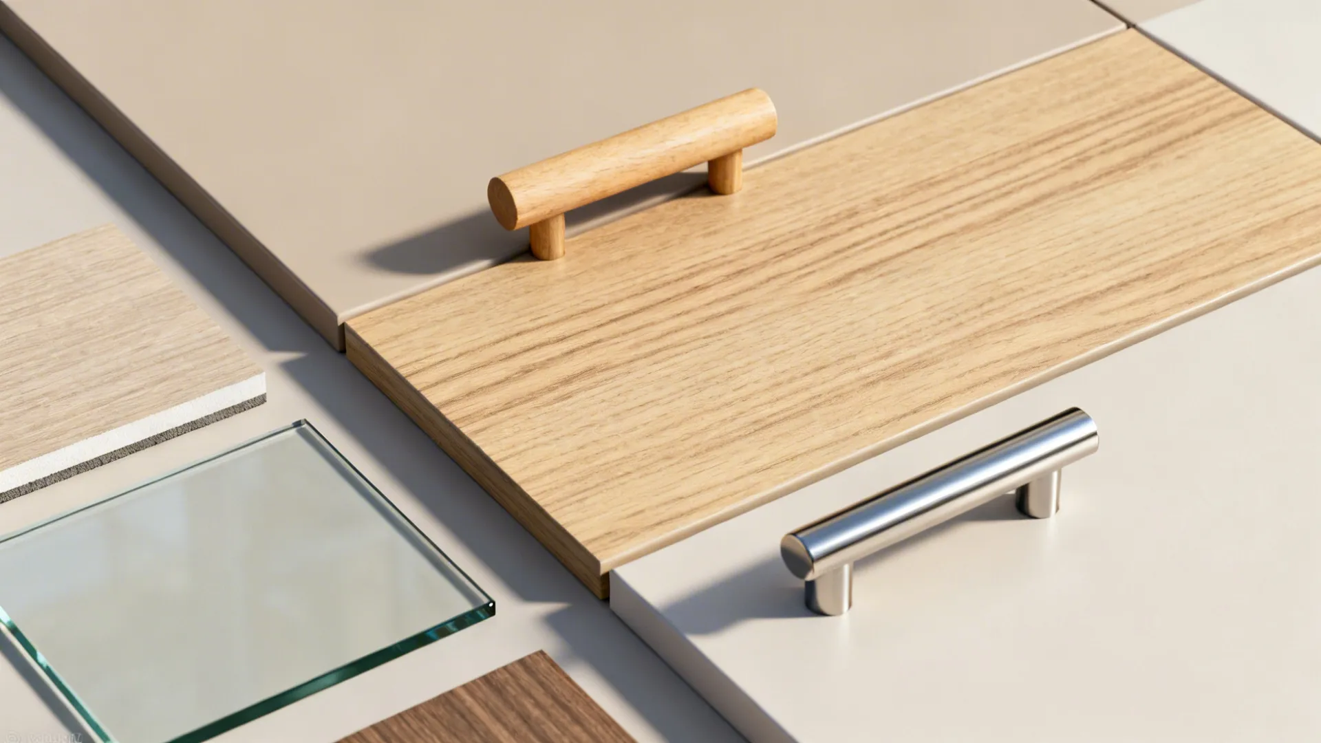 Flat lay of neutral cabinet laminate, light oak veneer, wood handle, glass sample, and brushed metal hardware.