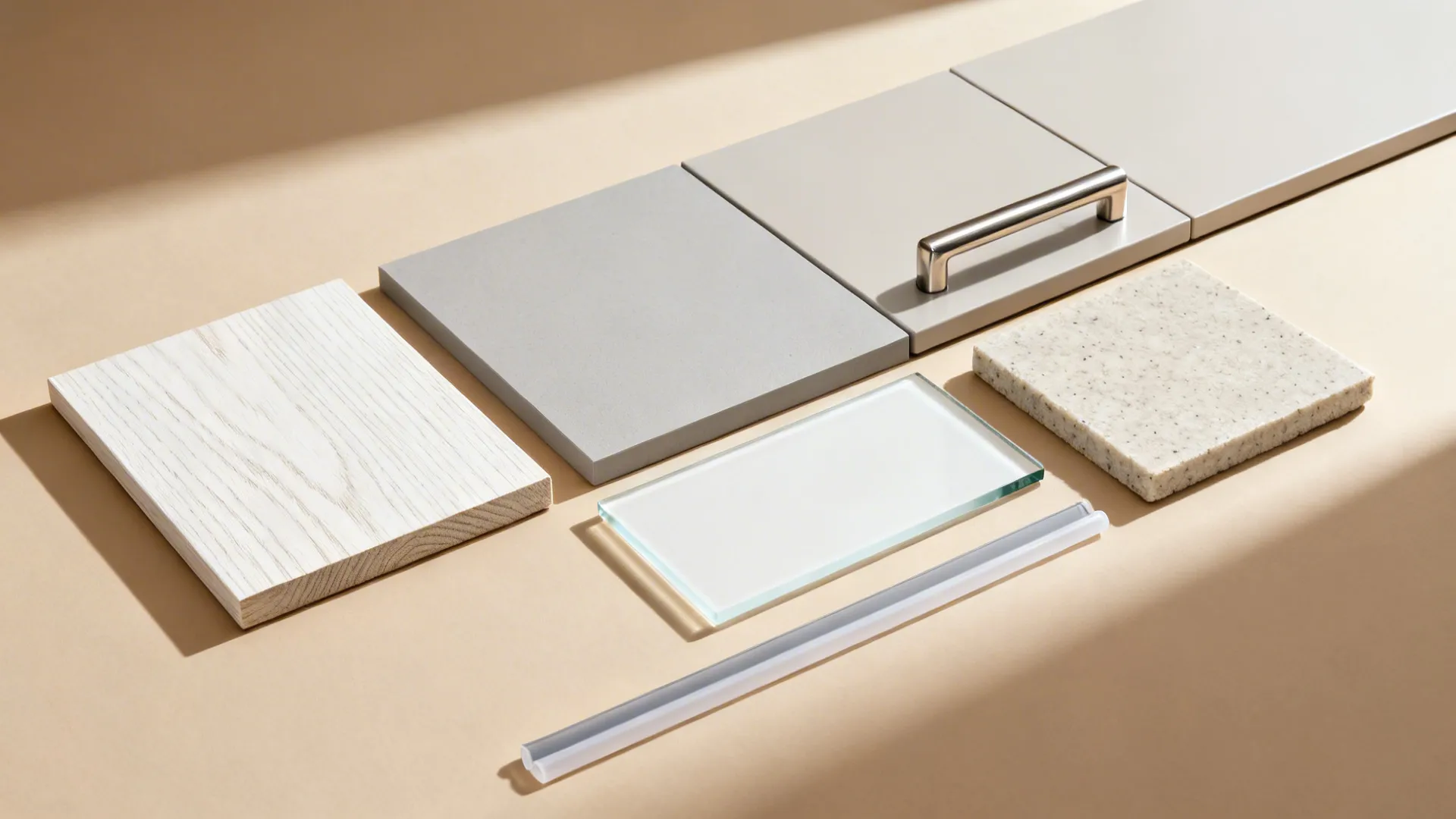 Flat lay of light oak veneer, pale gray matte laminate, low-iron glass, quartz, and stainless hardware samples.
