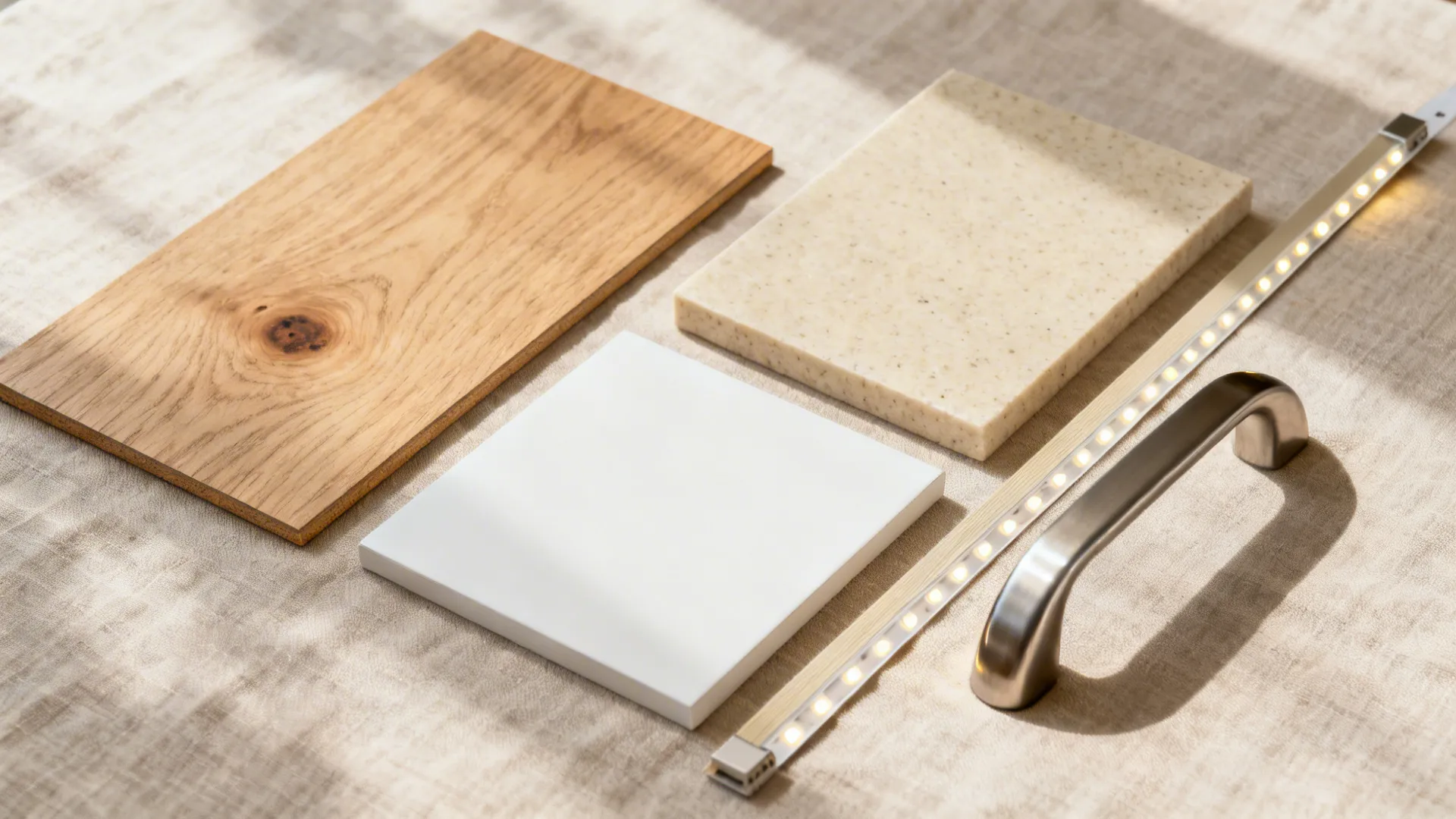 Flat lay of light oak laminate, warm white paint chip, beige quartz, and ABS edging.