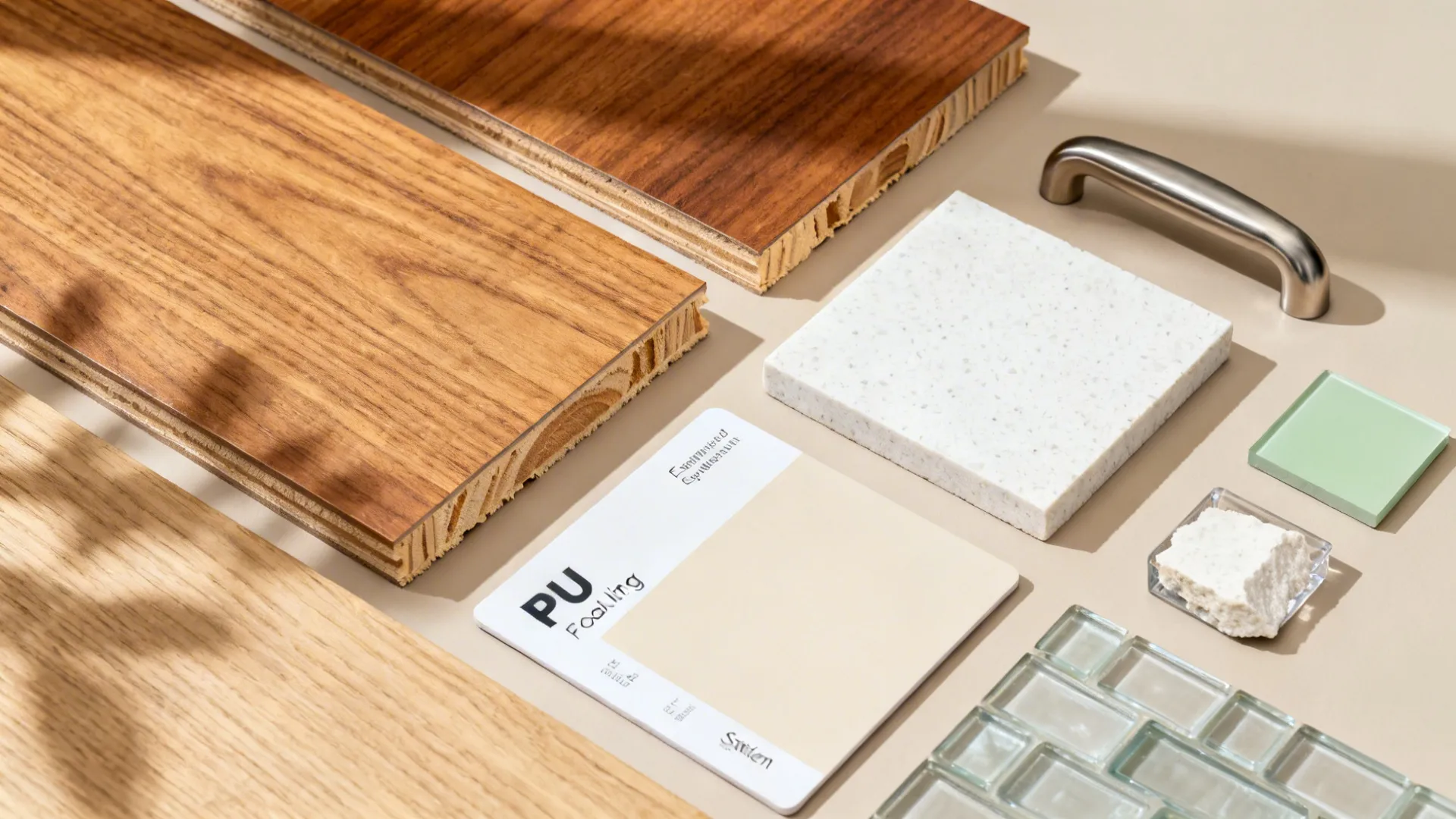 Flatlay of warm wood laminates, veneer, PU finish, quartz, and glass swatches.