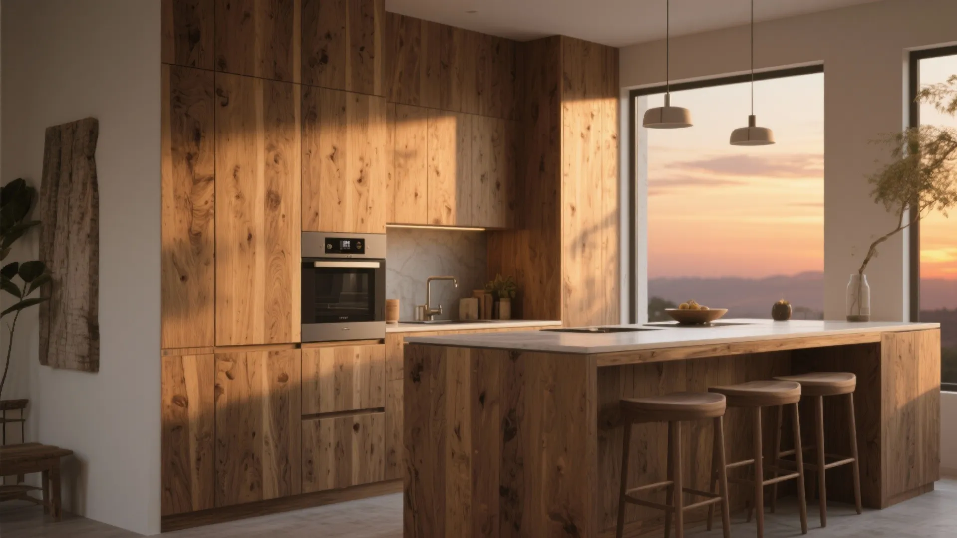 Modern kitchen with warm wood wall panel cabinets and an island under sunset window light