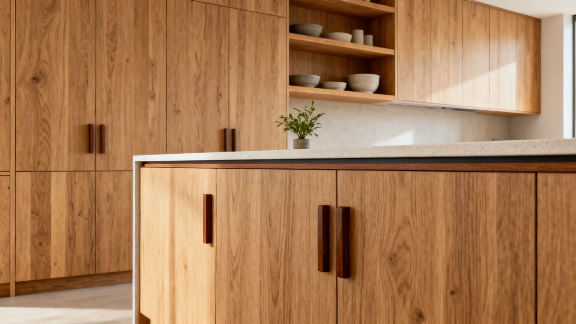 Parallel kitchen with rift-cut oak fronts, walnut pulls, and a slim light quartz countertop.