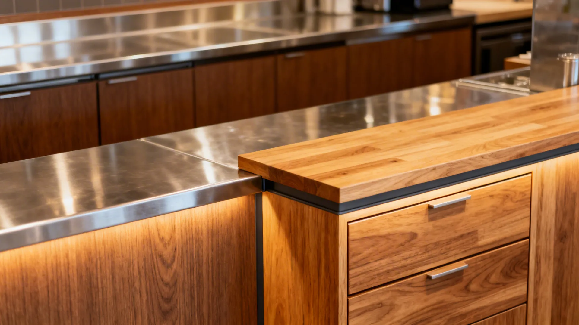 Kitchen island with wood cabinets, stainless steel countertop, warm lighting and smooth natural wood surface