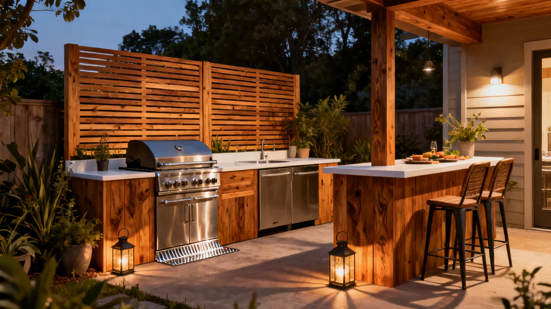 Outdoor kitchen with warm wood slatted screen, metal splash plate, and stainless grill