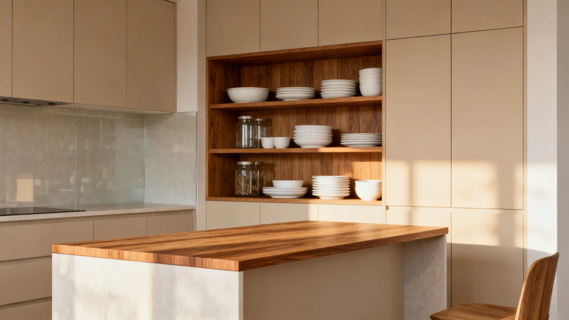 Matte beige cabinets with a slim oak edge-grain peninsula and coordinated open shelf.