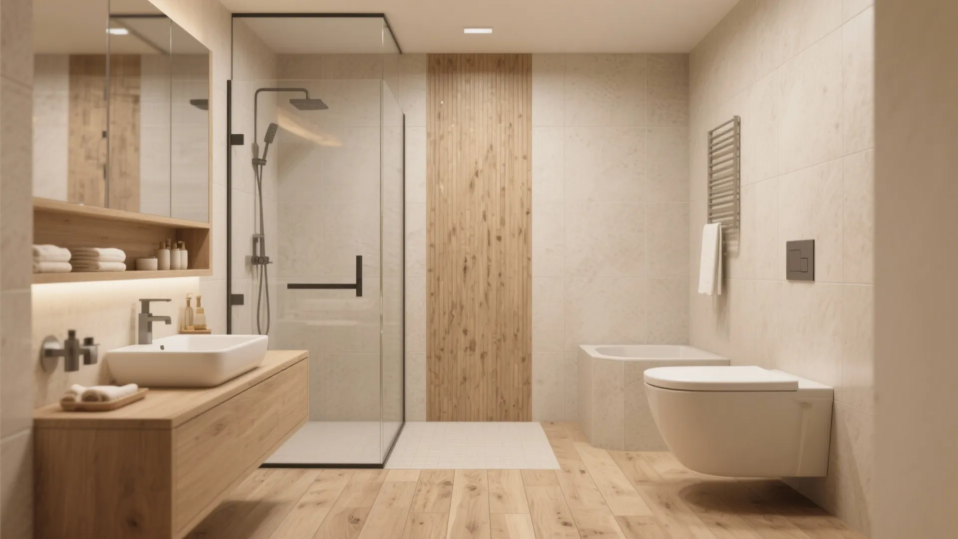 Modern bathroom with wooden vanity glass shower wall panel white toilet wood floor and neutral tiles