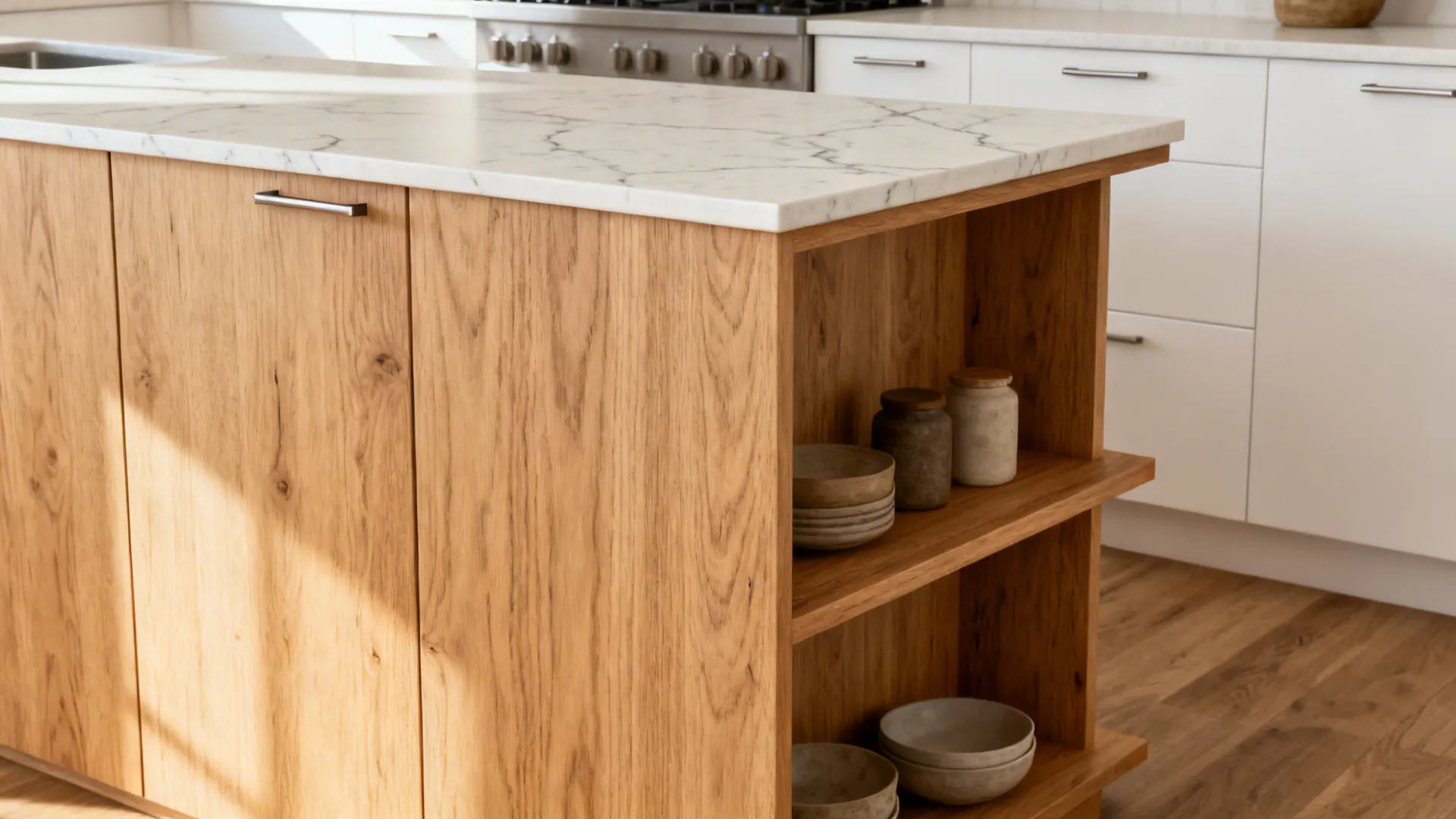 Rift white oak island with vein-cut porcelain counters and matte white cabinets in a small kitchen.