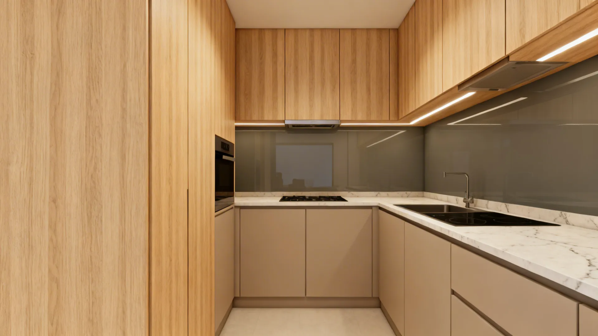 Small HDB kitchen with rift oak tall units, matte base fronts, and 20 mm quartz countertops.
