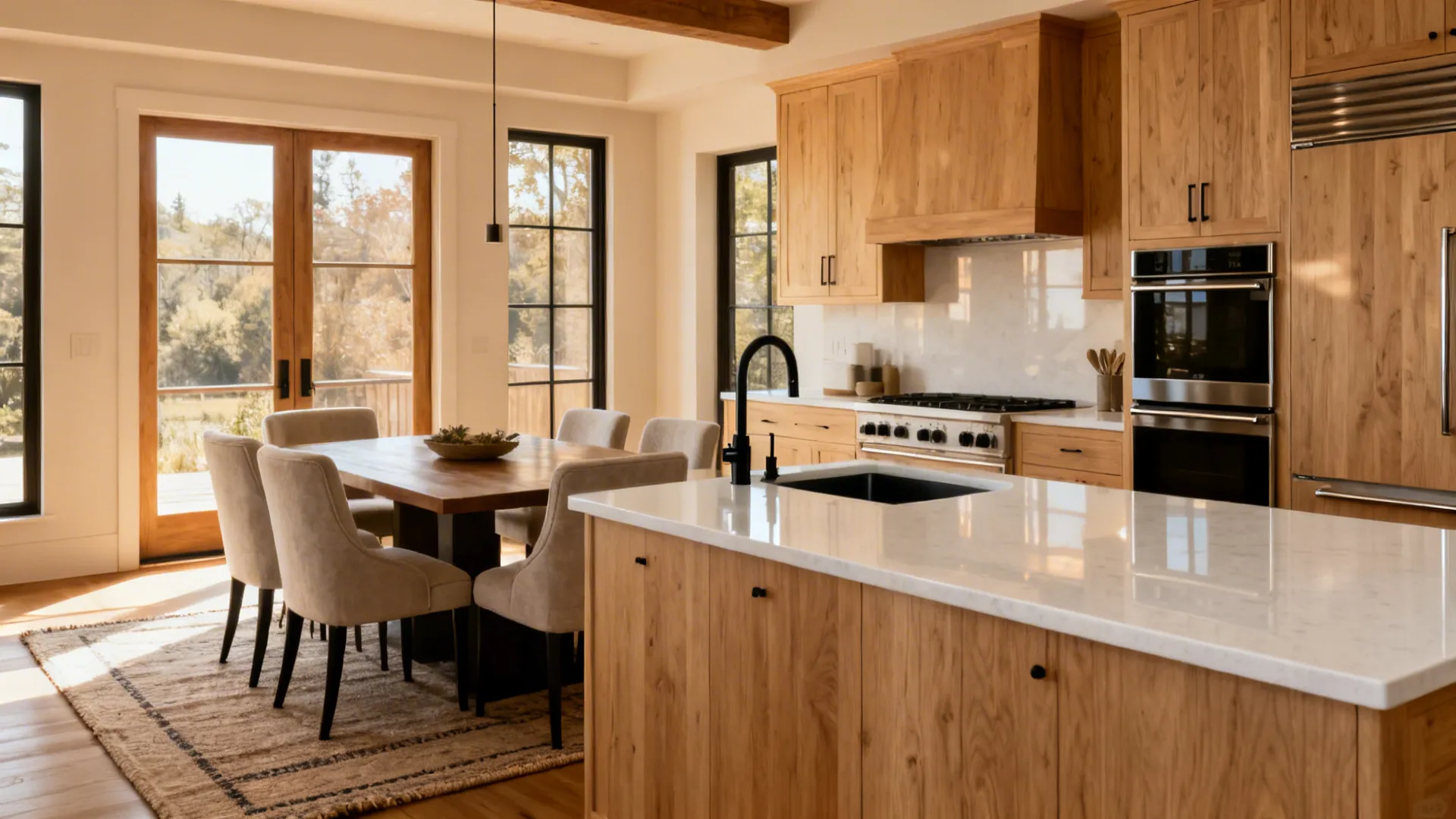 Warm white oak cabinetry with light quartz counters and a cozy dining setup.