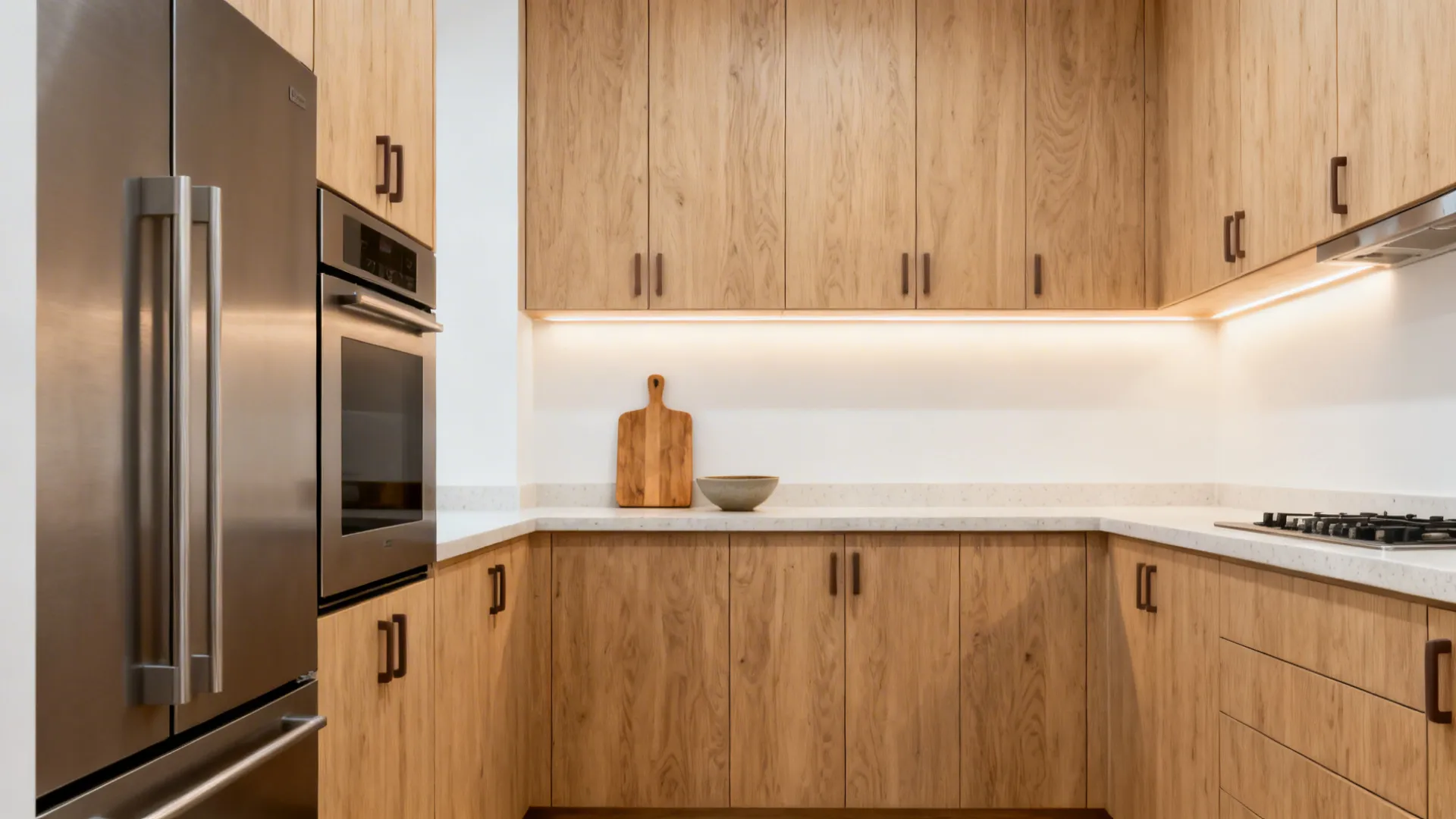 Light oak cabinet fronts paired with a pale quartz countertop in a clean, modern HDB kitchen.