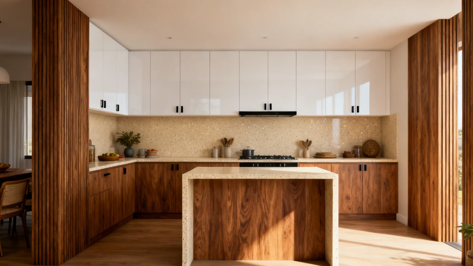 Modern kitchen with white upper cabinets wood lower cabinets a kitchen island and stone backsplash