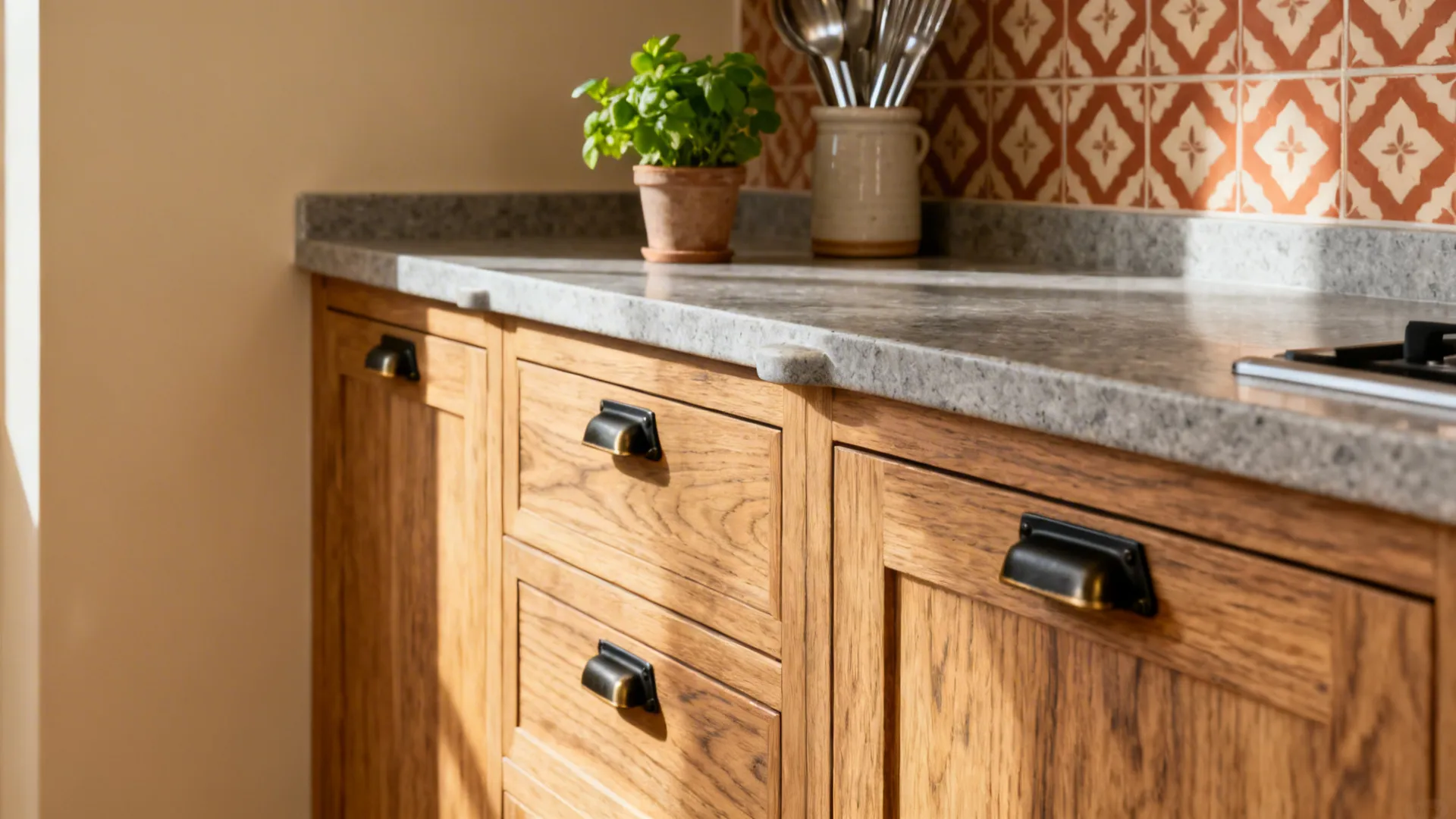 Small kitchen with wood-look cabinets, honed quartz or granite counters, and brass or black hardware.