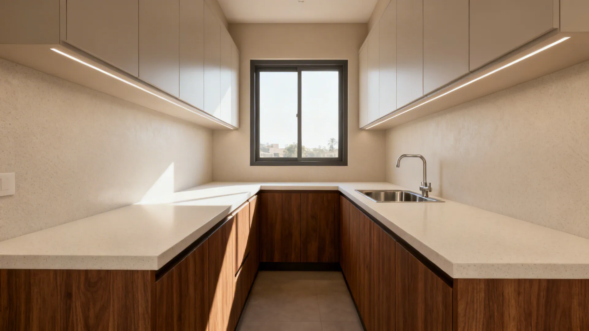 U-shaped kitchen with walnut wood-look cabinets and light quartz counters for a warm, bright feel.