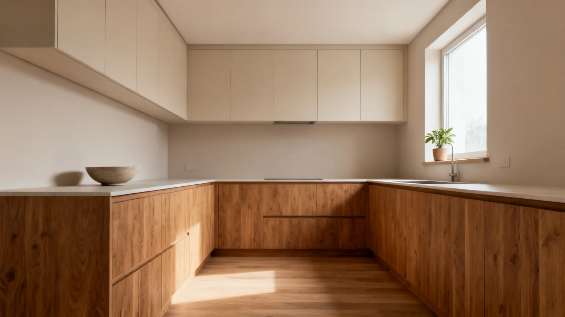 8x10 kitchen with oak base cabinets and light uppers creating a calm, spacious feel.