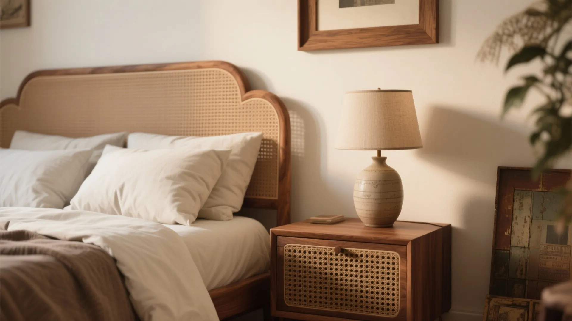 2. Warm wood accents and rattan