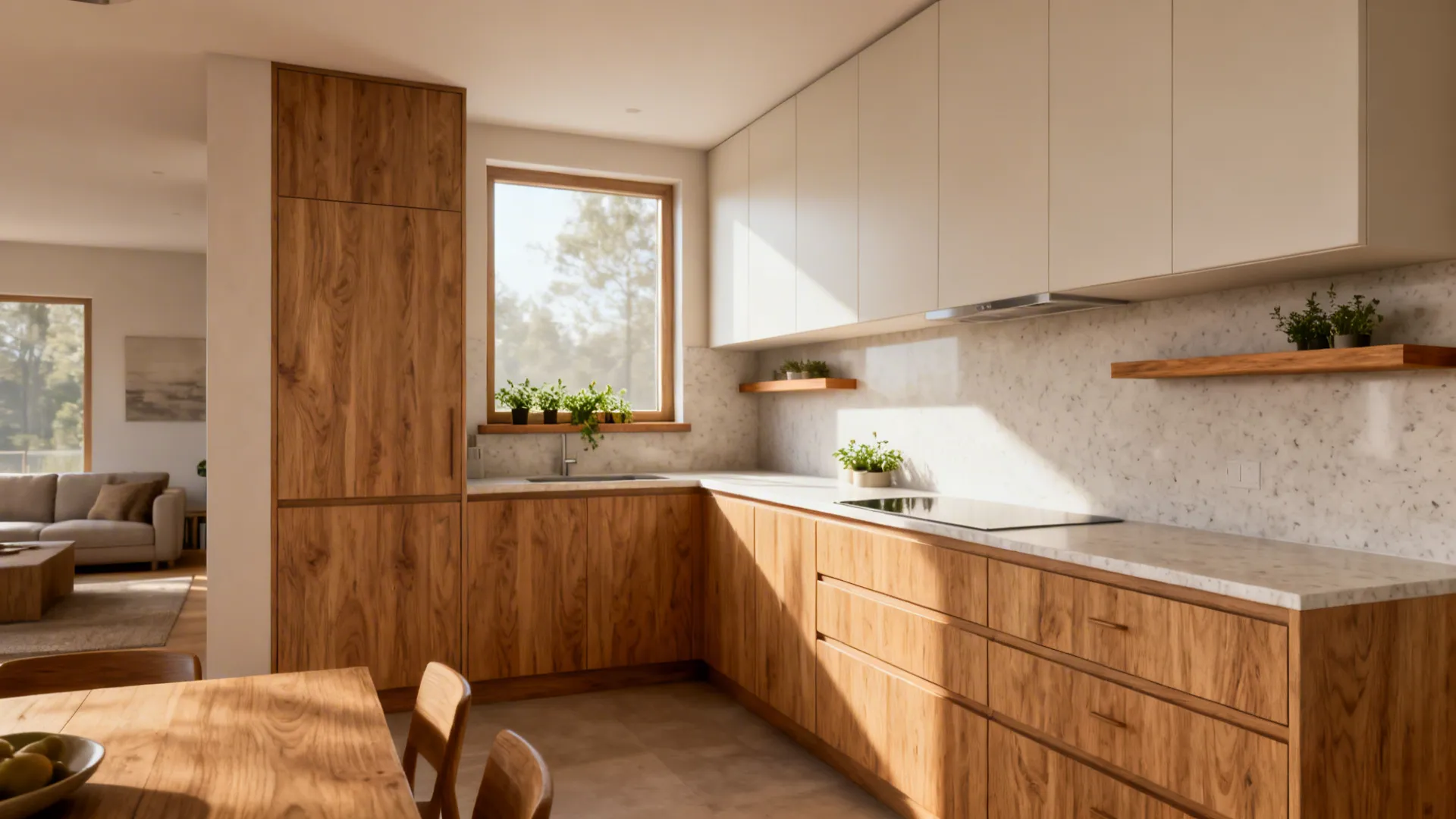Rear kitchen with rift‑cut oak lower cabinets and a slim oak shelf edge.