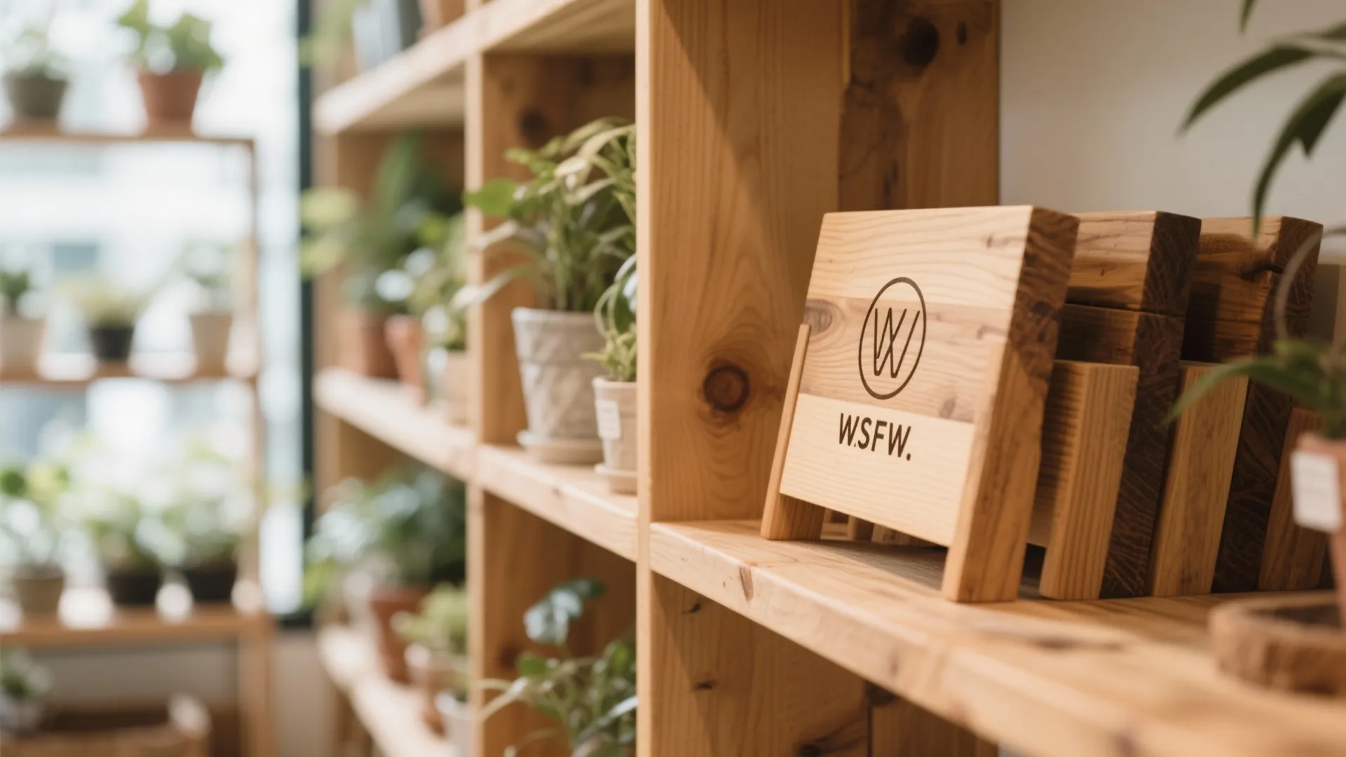 Close up of wooden shelves in a shop filled with various small green potted plants