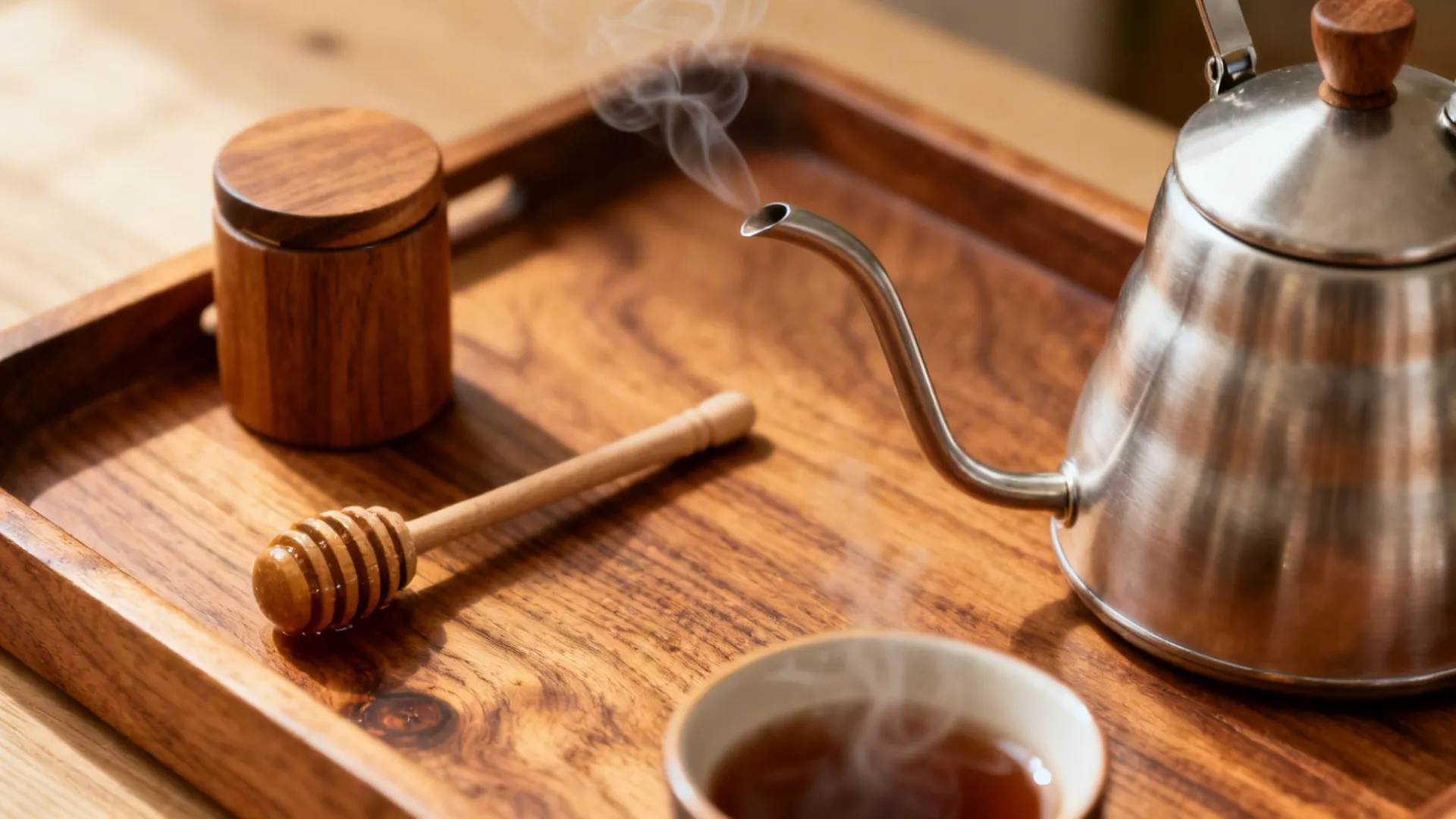 Macro of a wooden tray with a honey dipper and tea caddy creating a cozy tea ritual.