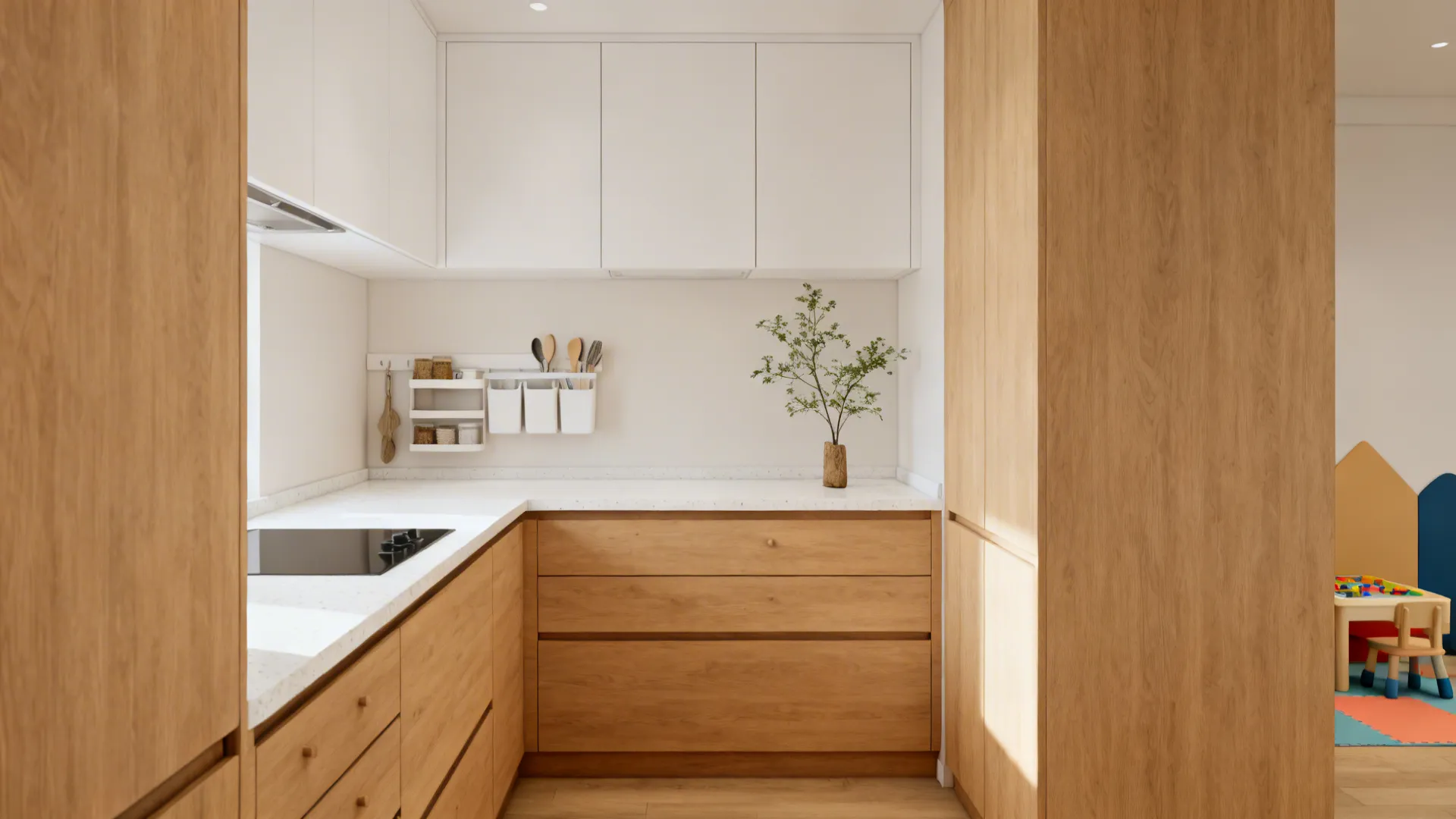 Small minimalist kitchen with light oak accents and clear, kid-friendly zones.