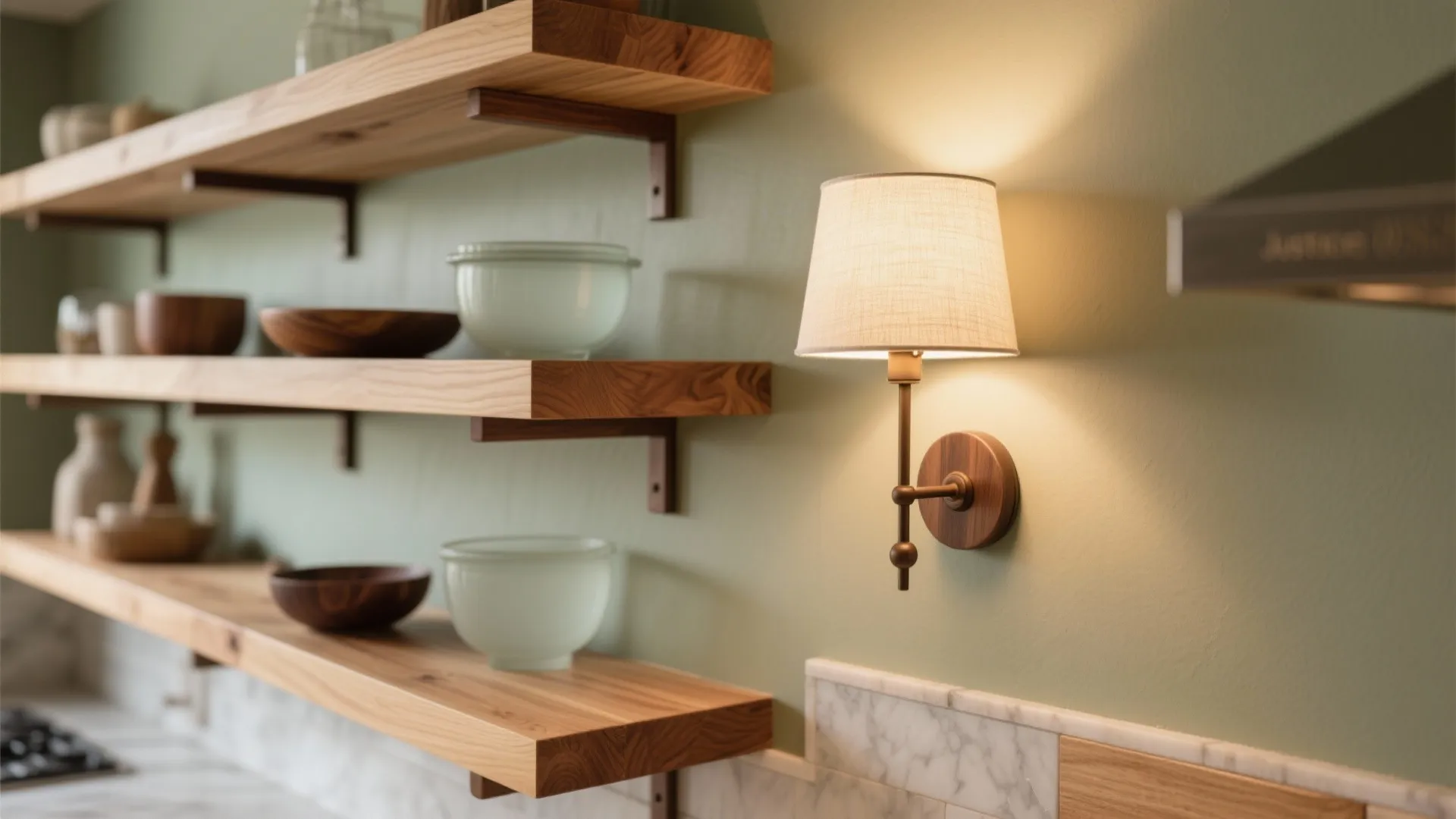 Warm wood accents under sconce glow
