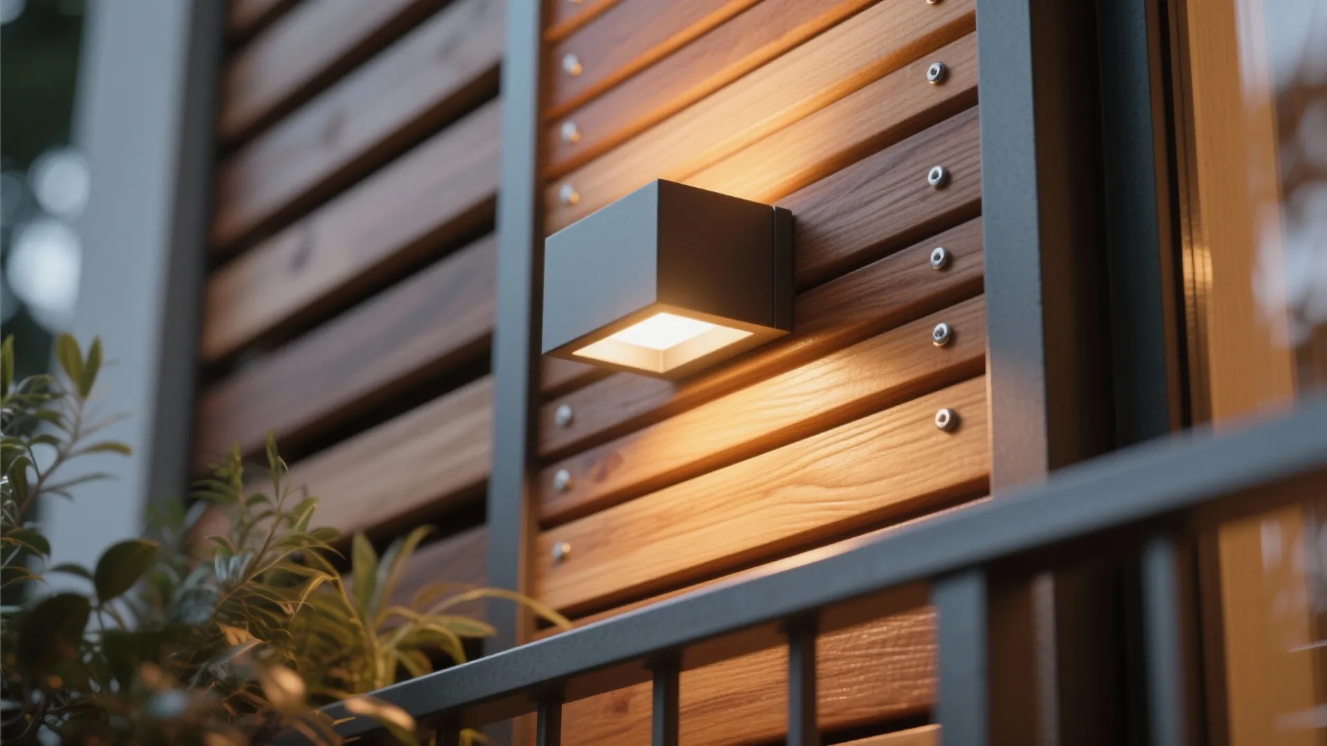 Modern black square wall light glowing on a wooden panel wall near a balcony railing