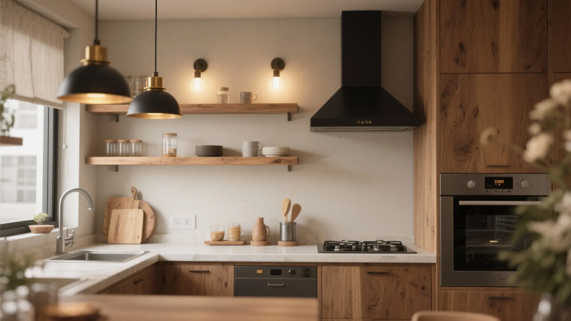 Warm wood accents with soft sconces