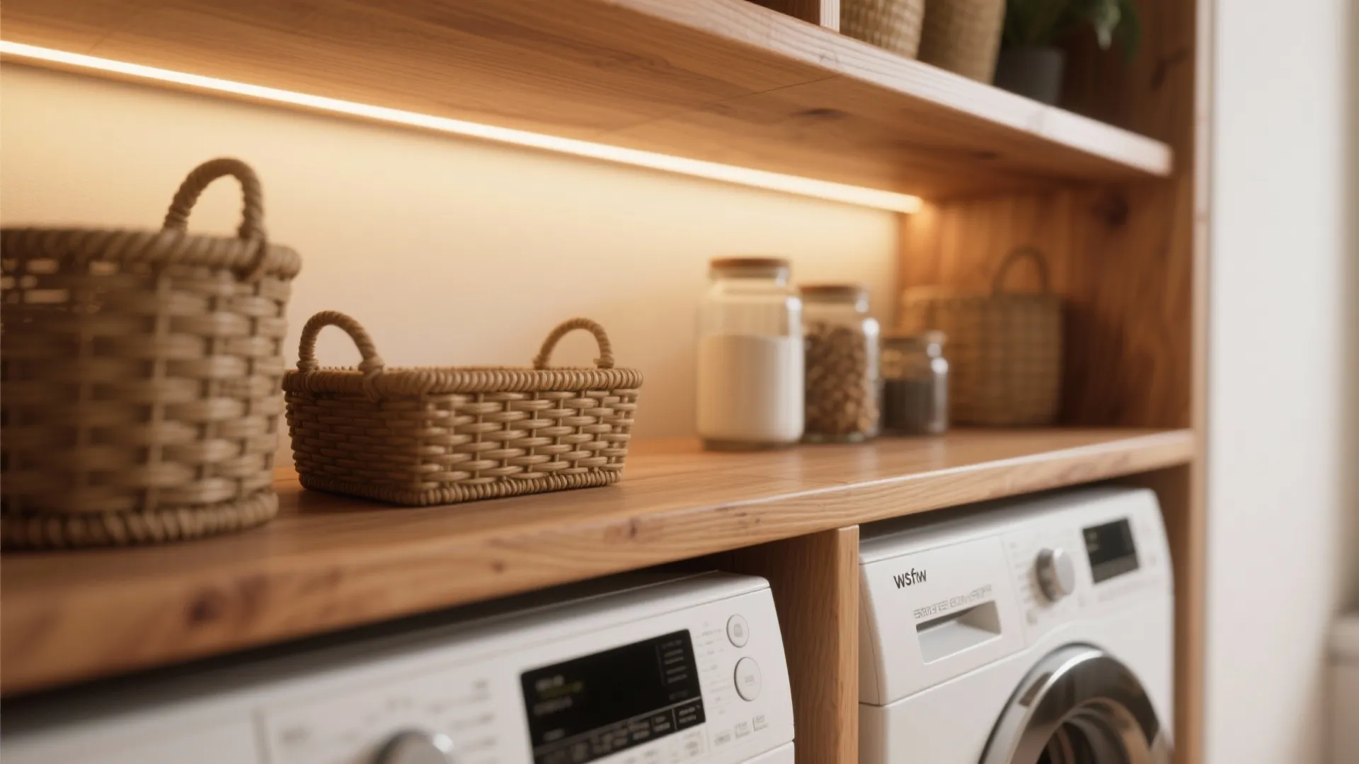 Wooden shelf with storage baskets and glass jars above a white washing machine and dryer