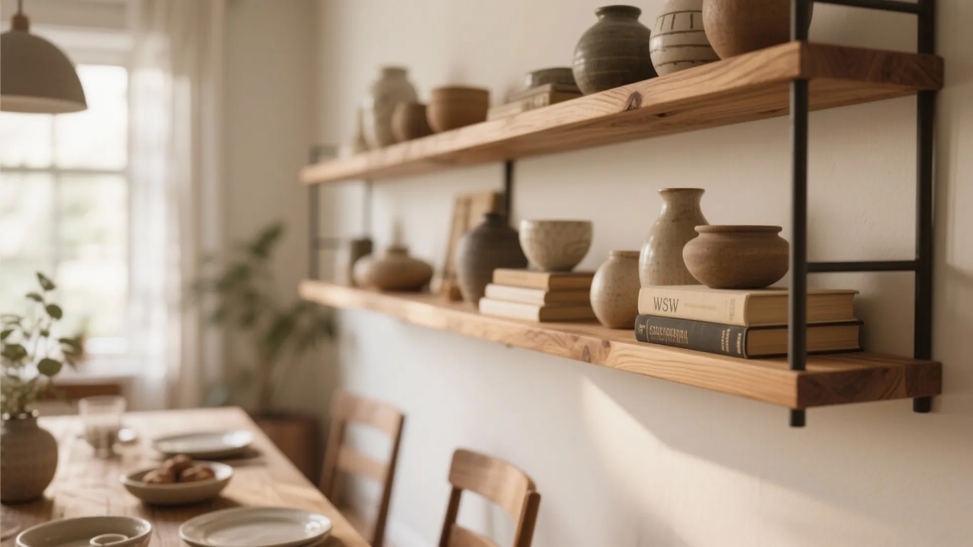 Close up of wooden wall shelves holding books and ceramic bowls in a bright room