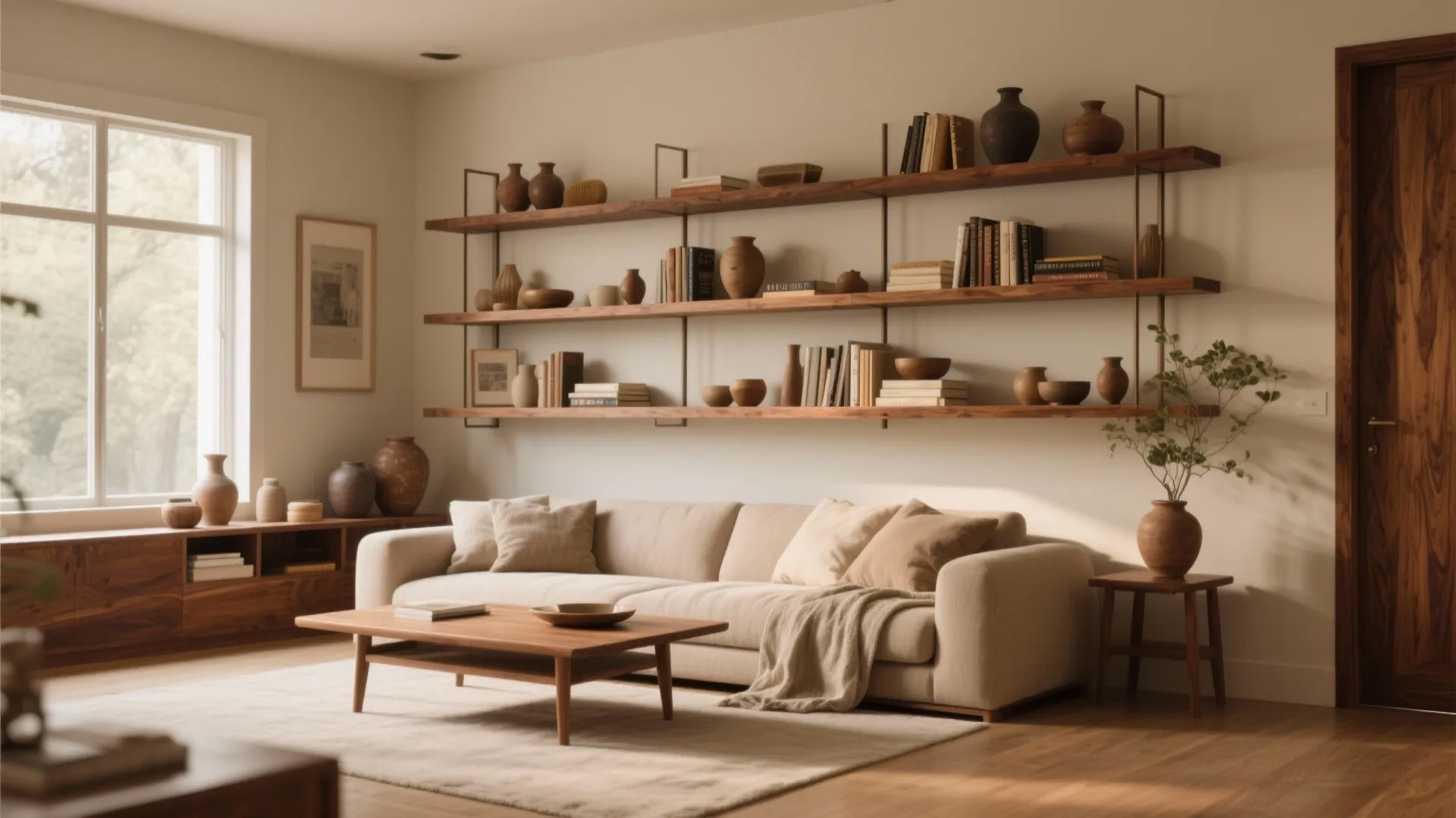 Modern living room featuring a long beige sofa with wooden wall shelves and decorative pottery