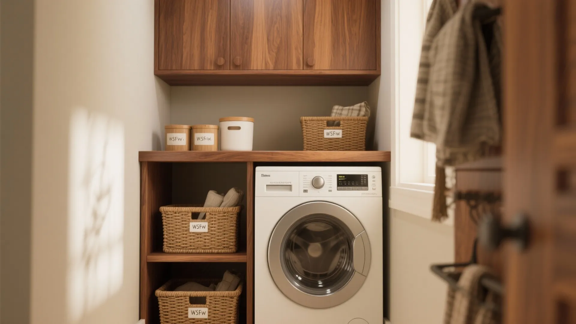 Warm walnut floating shelf and wood veneer cabinet above a top-load washer with open shelves and baskets.