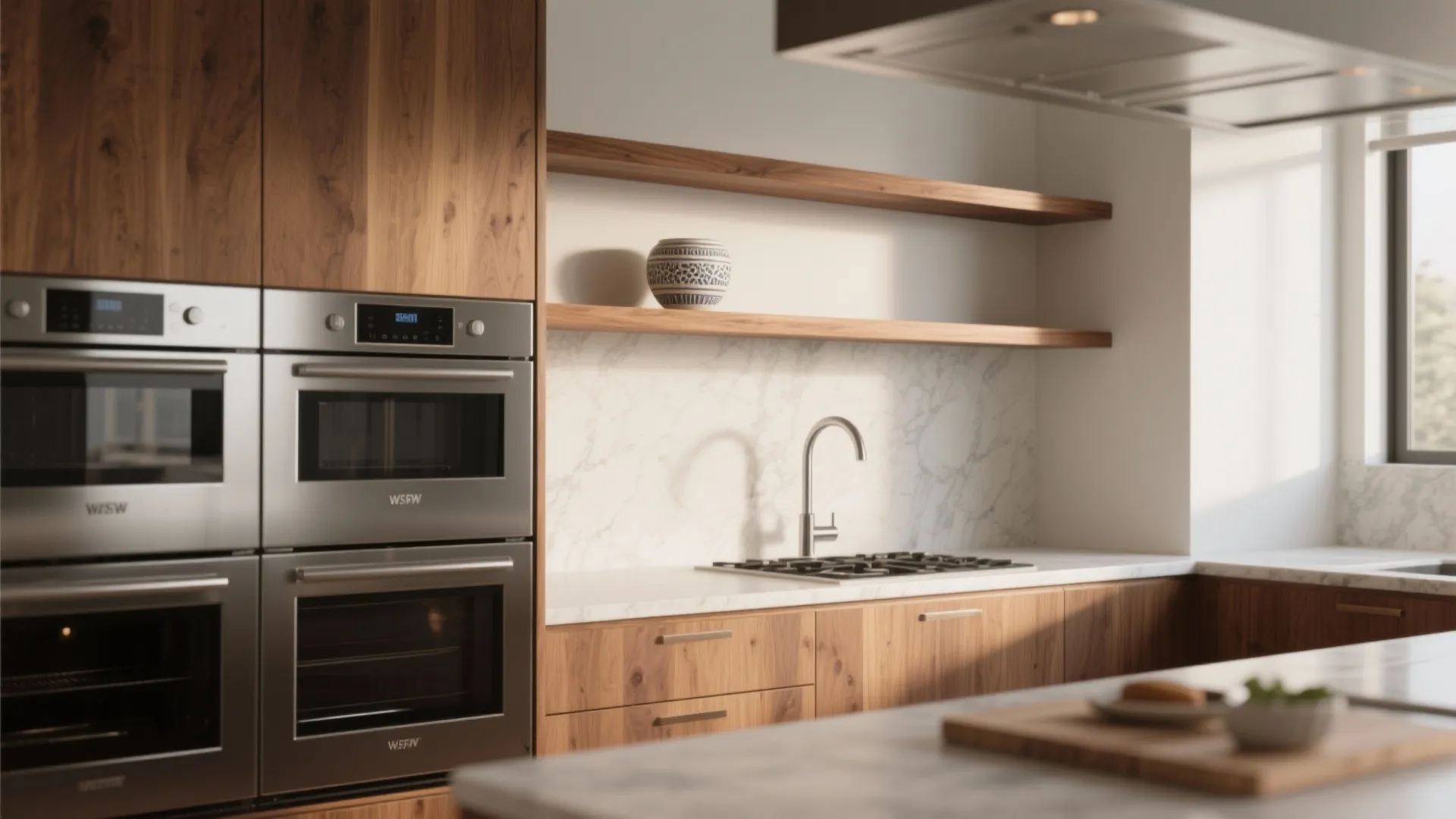 Warm Wood Shelves and Accents to Soften Stainless