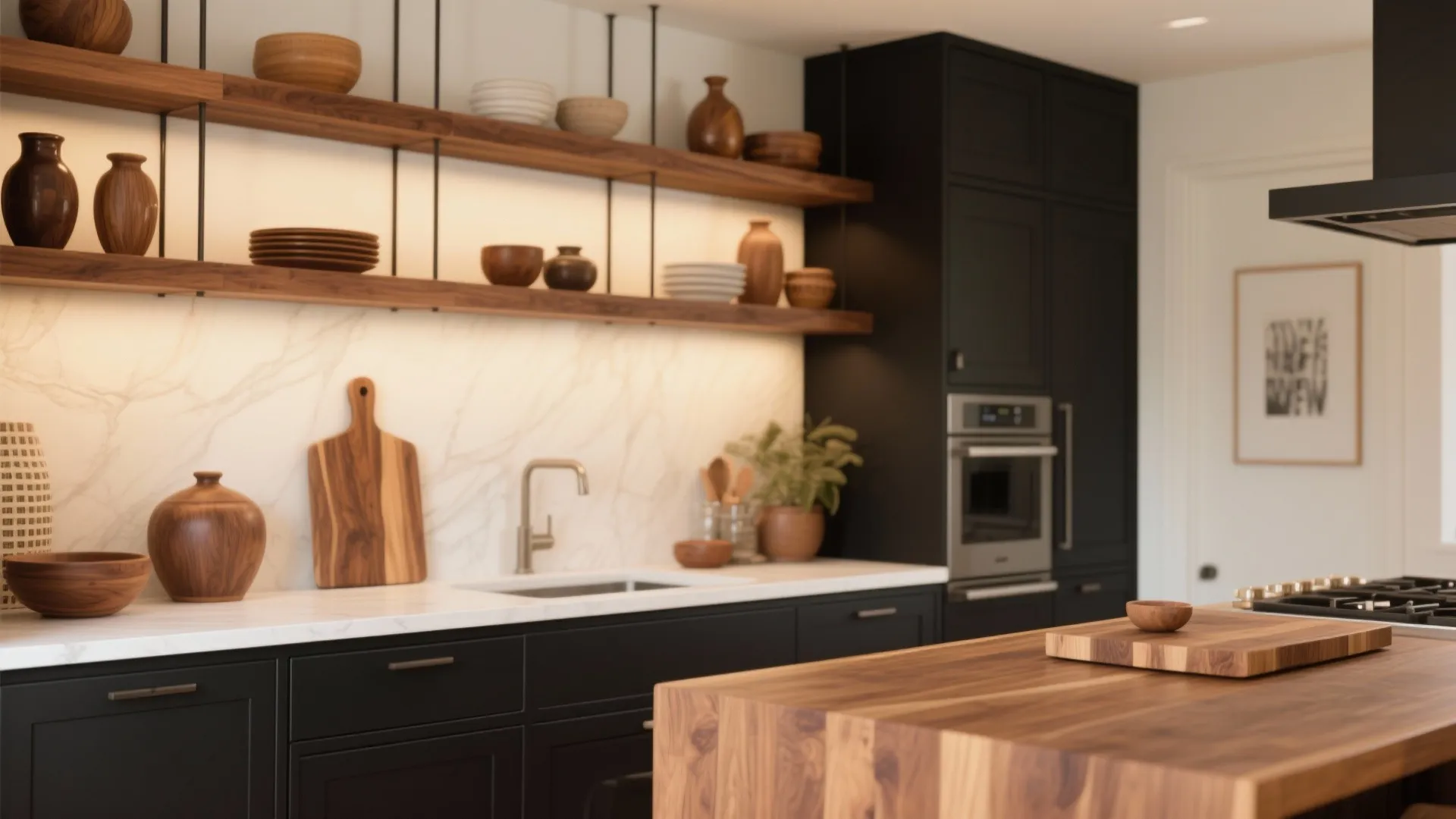 2. Layer warm wood to soften the contrast