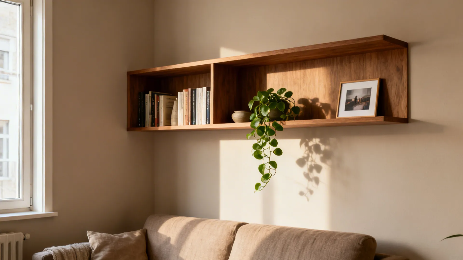 Slim oak shelves above a sofa with books, a trailing pothos, and a framed photo in a small living room.