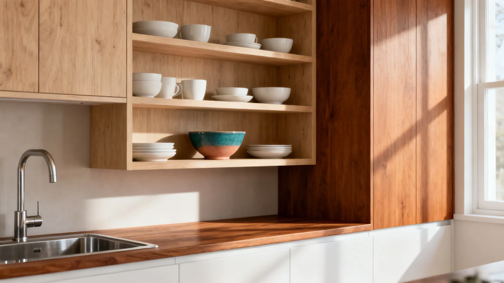 Pale oak shelves with white tableware and a single accent bowl above matte white cabinets.