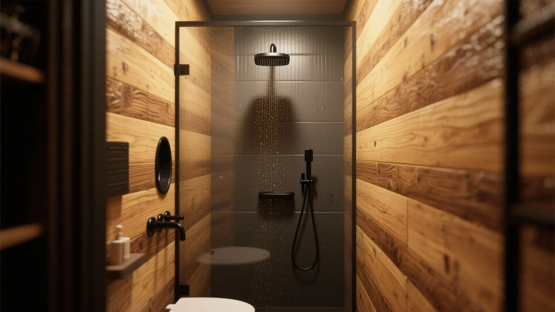 Modern bathroom with wood wall panels black shower head glass door and dark grey tile