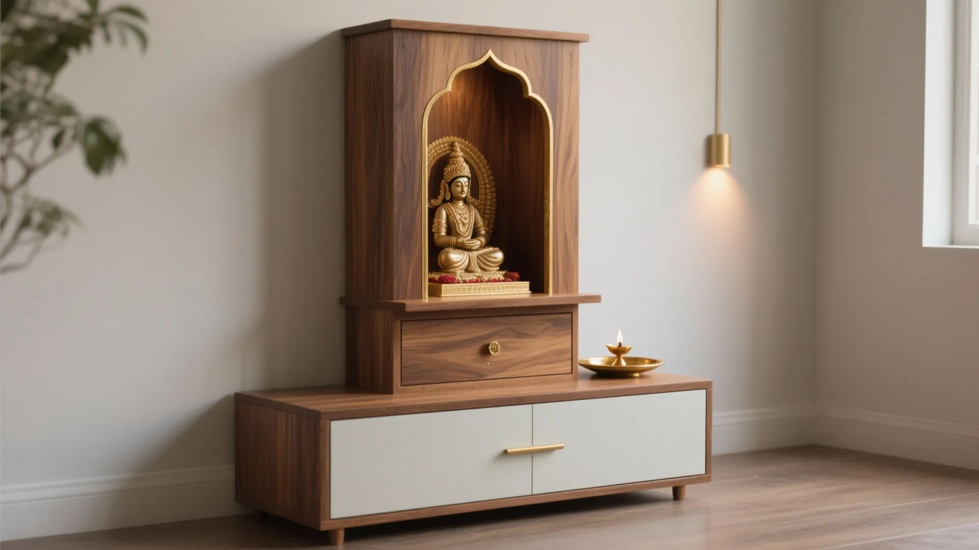 Warm Wooden Mandapam with Hidden Storage