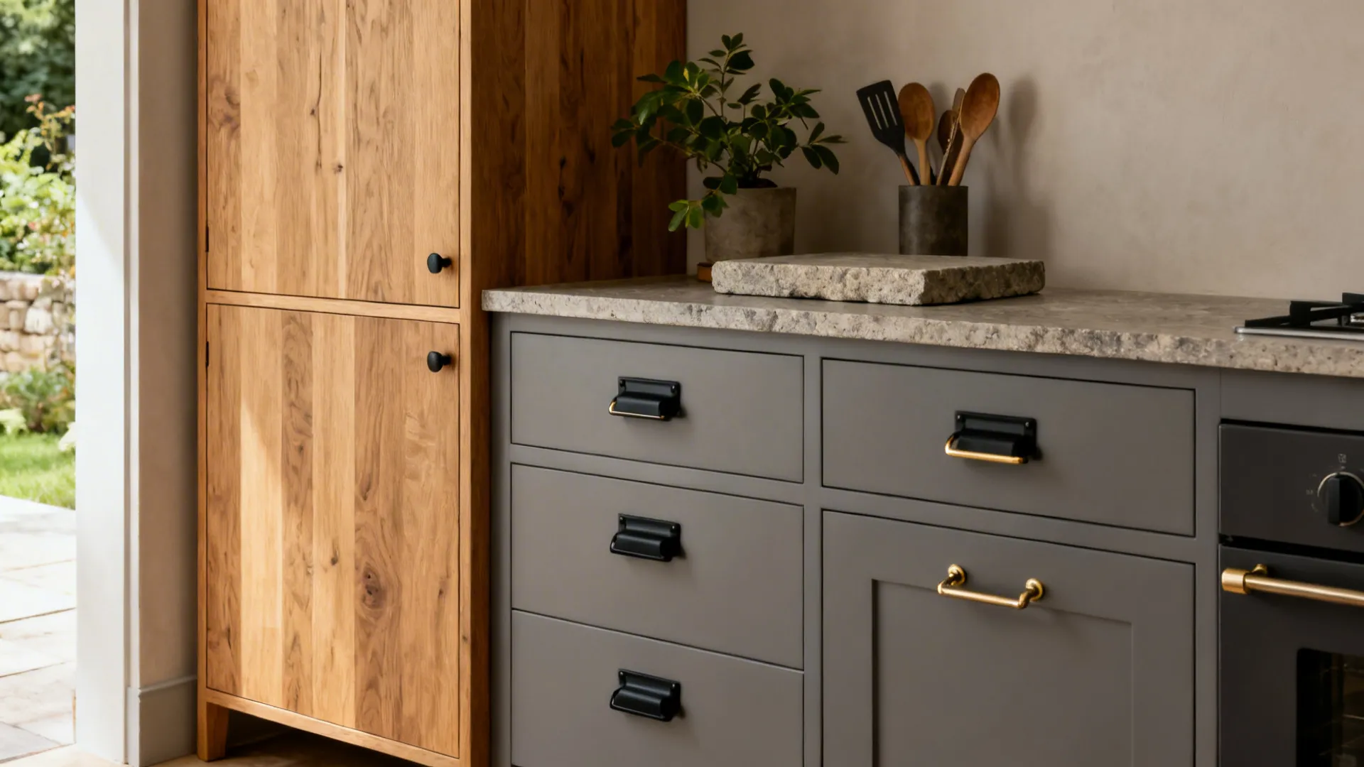 Slim oak side cabinet with matte gray kitchen and a compact stone countertop, warmly lit.
