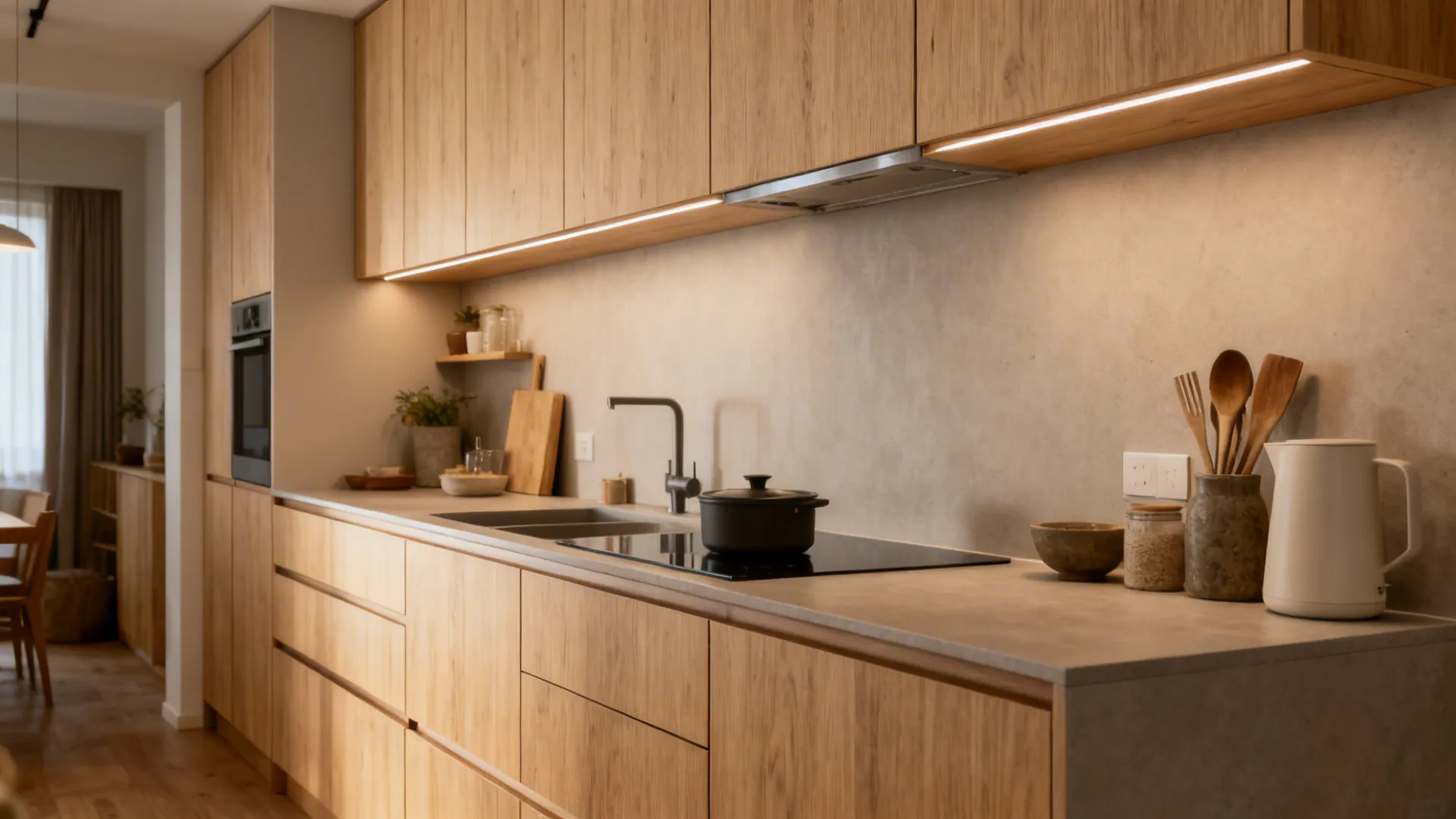Pale oak-look slab fronts with slim shadow gaps create a calm straight line kitchen.