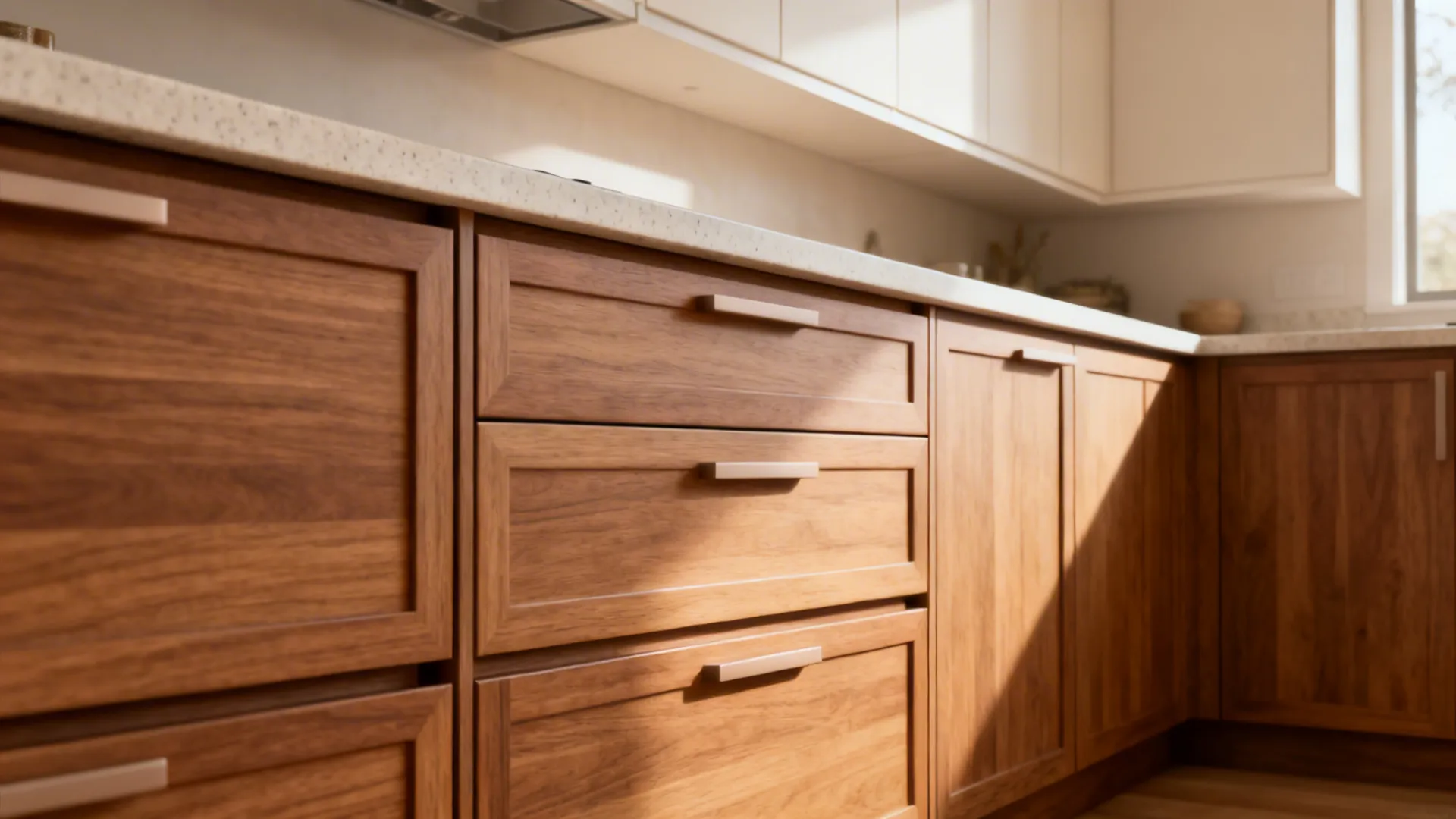 Small kitchen with warm wood base drawers and slim frames paired with matte light uppers.