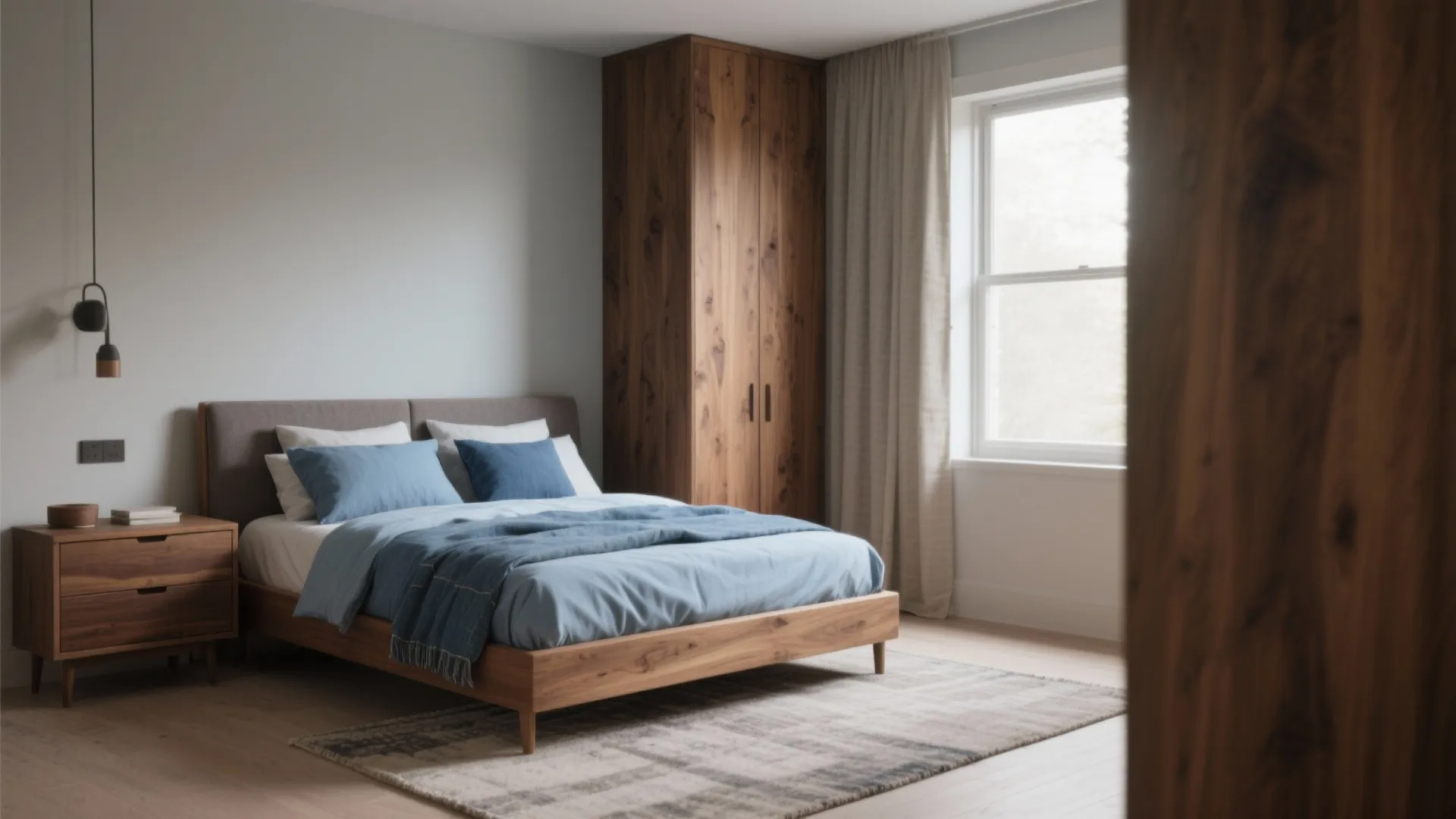Compact bedroom with warm wood furniture and layered soft blue linens creating a calm mood.