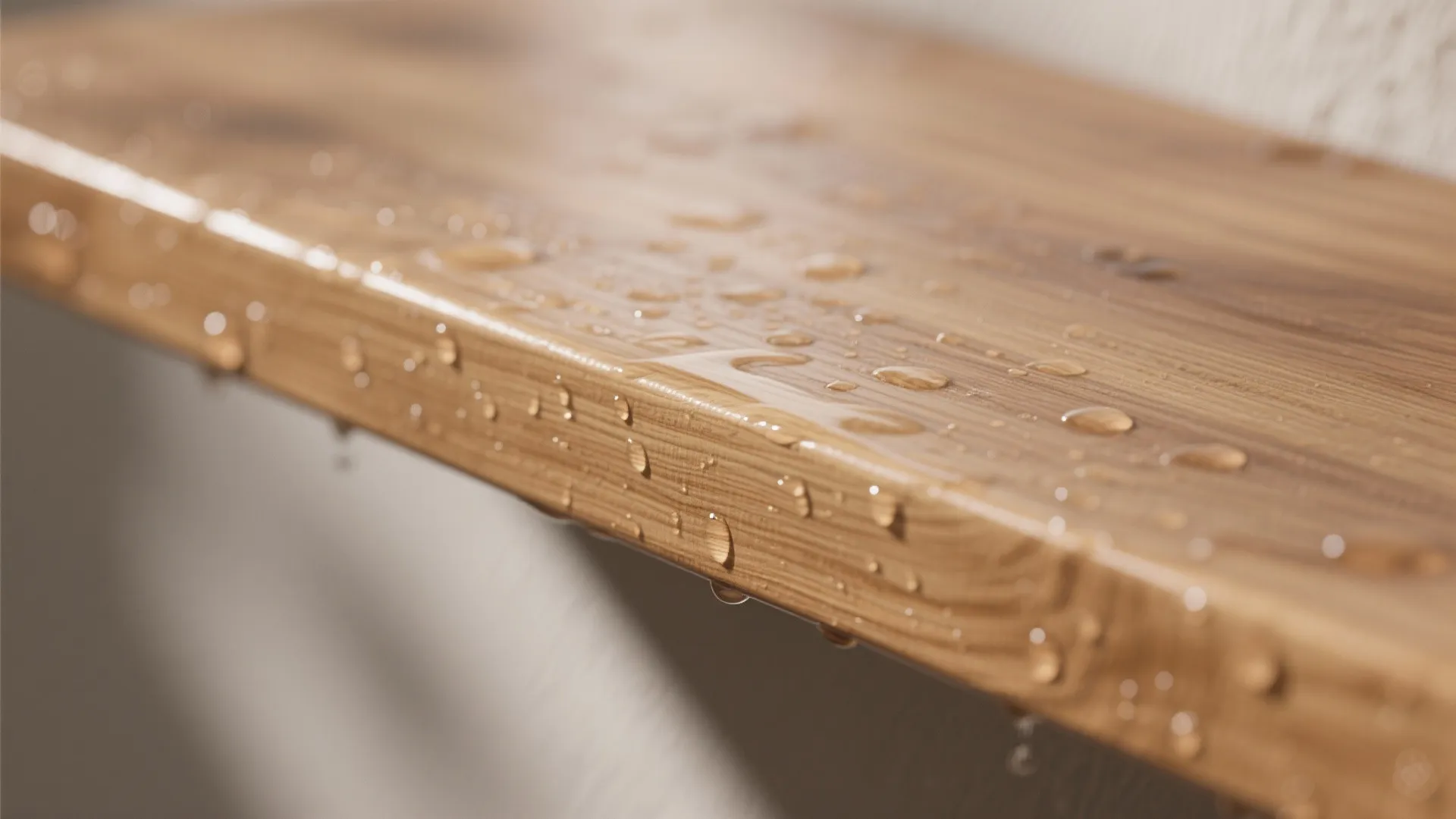 Close up view of water droplets sitting on a smooth brown wood surface with natural texture