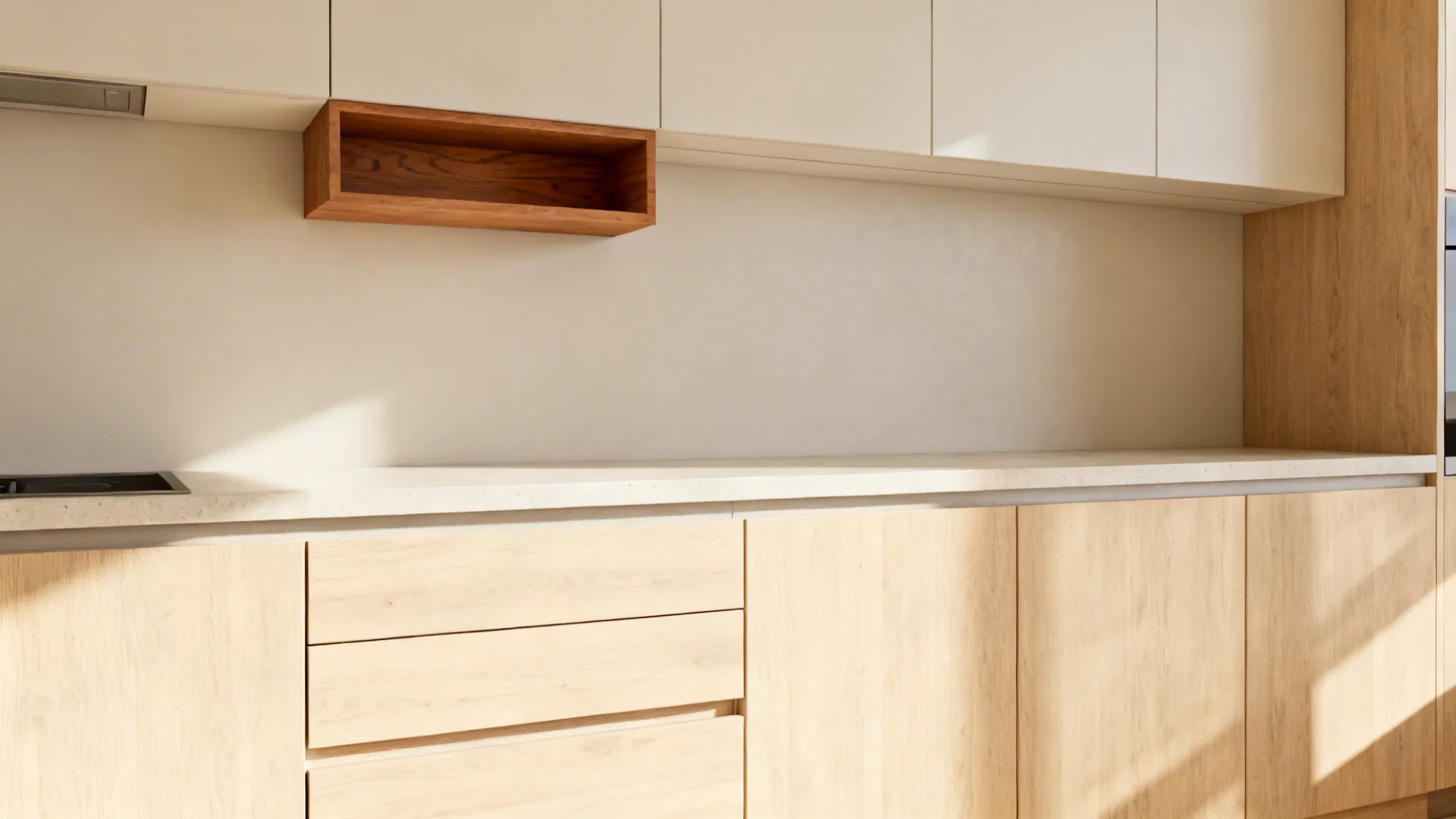 Light oak lower cabinets paired with pale neutral uppers keep a compact kitchen bright and warm.