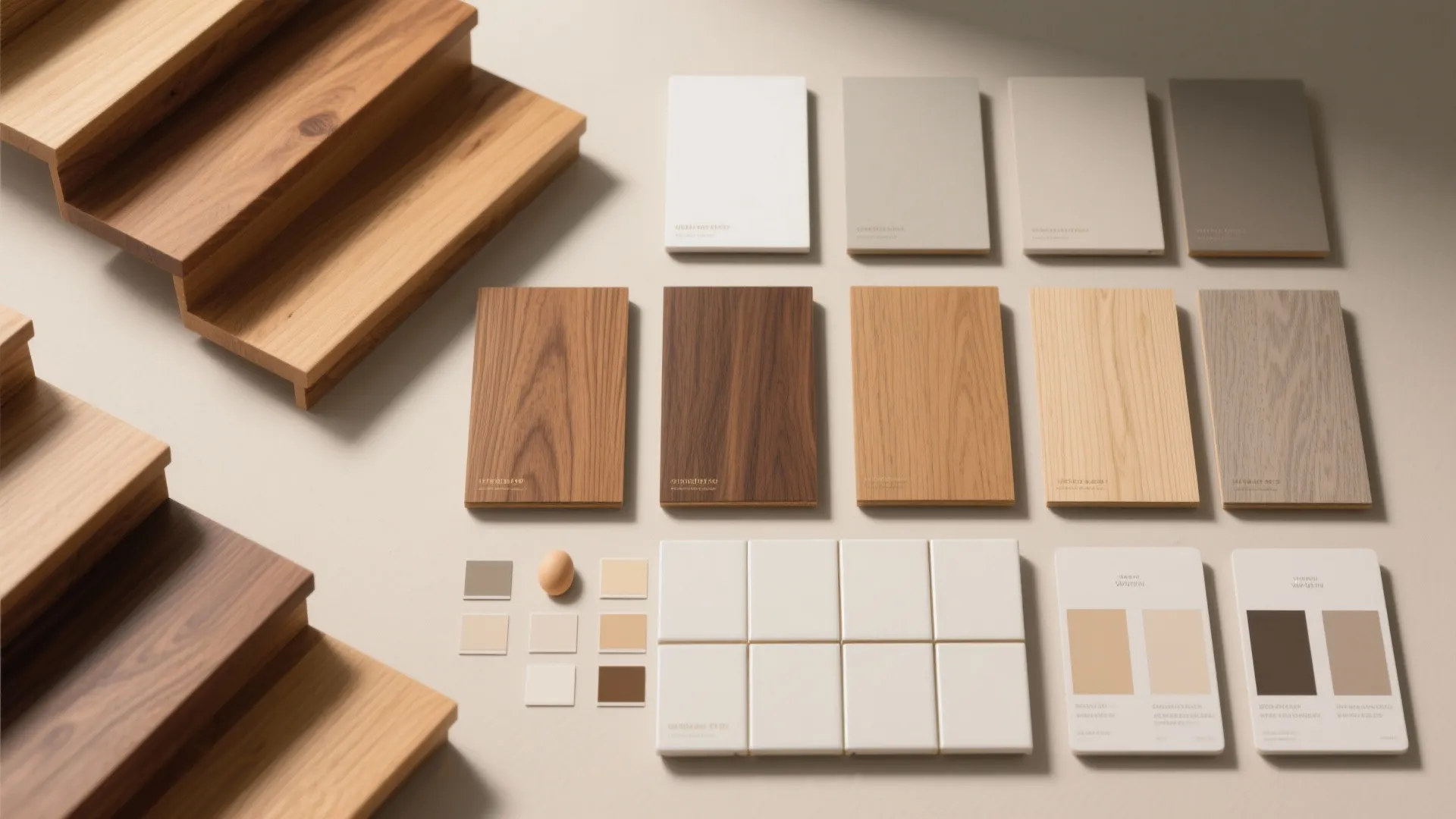 Wood flooring samples with different colors and textures displayed next to wooden steps and tiles