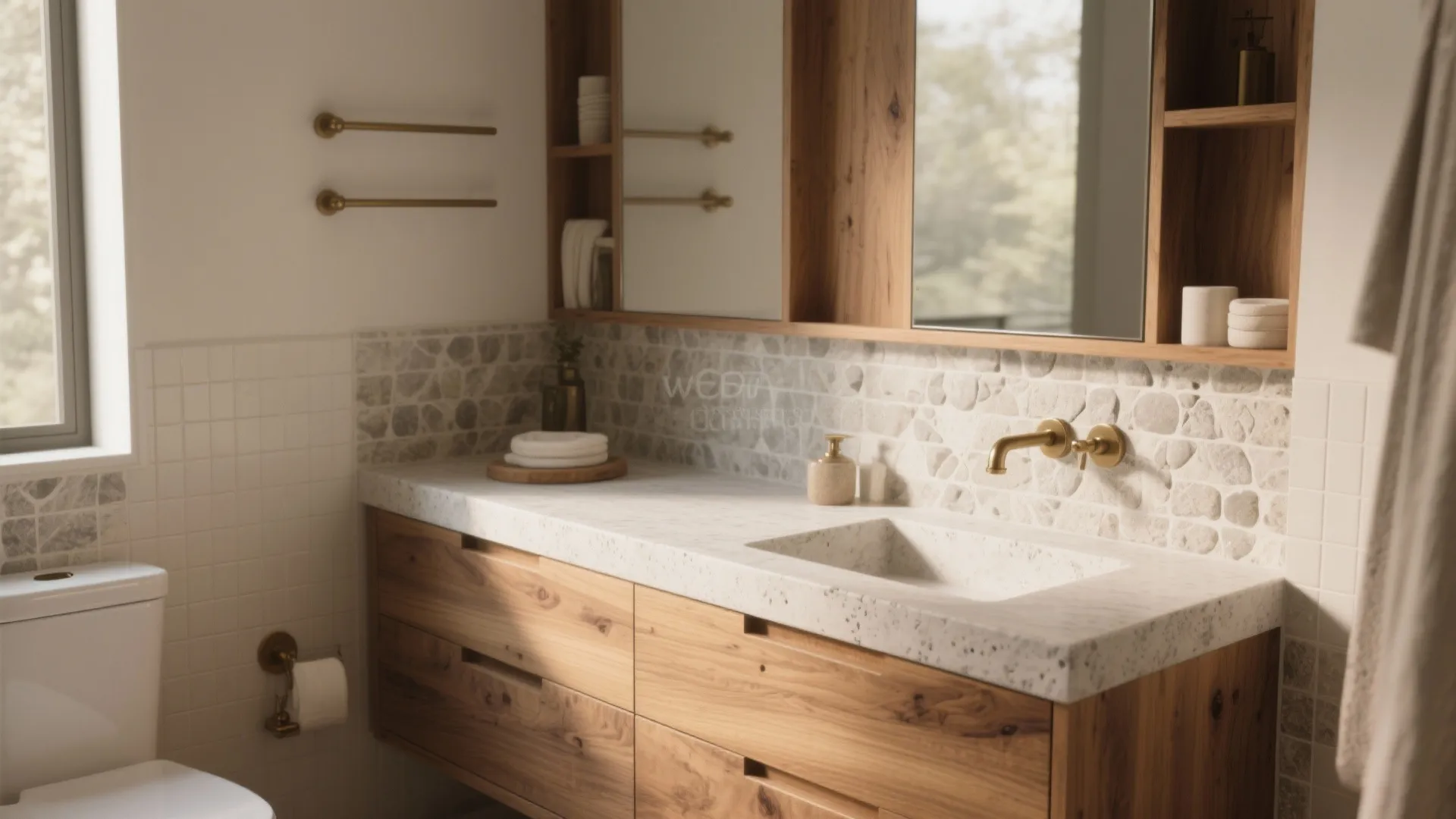 1. Use warm wood tones and honed stone