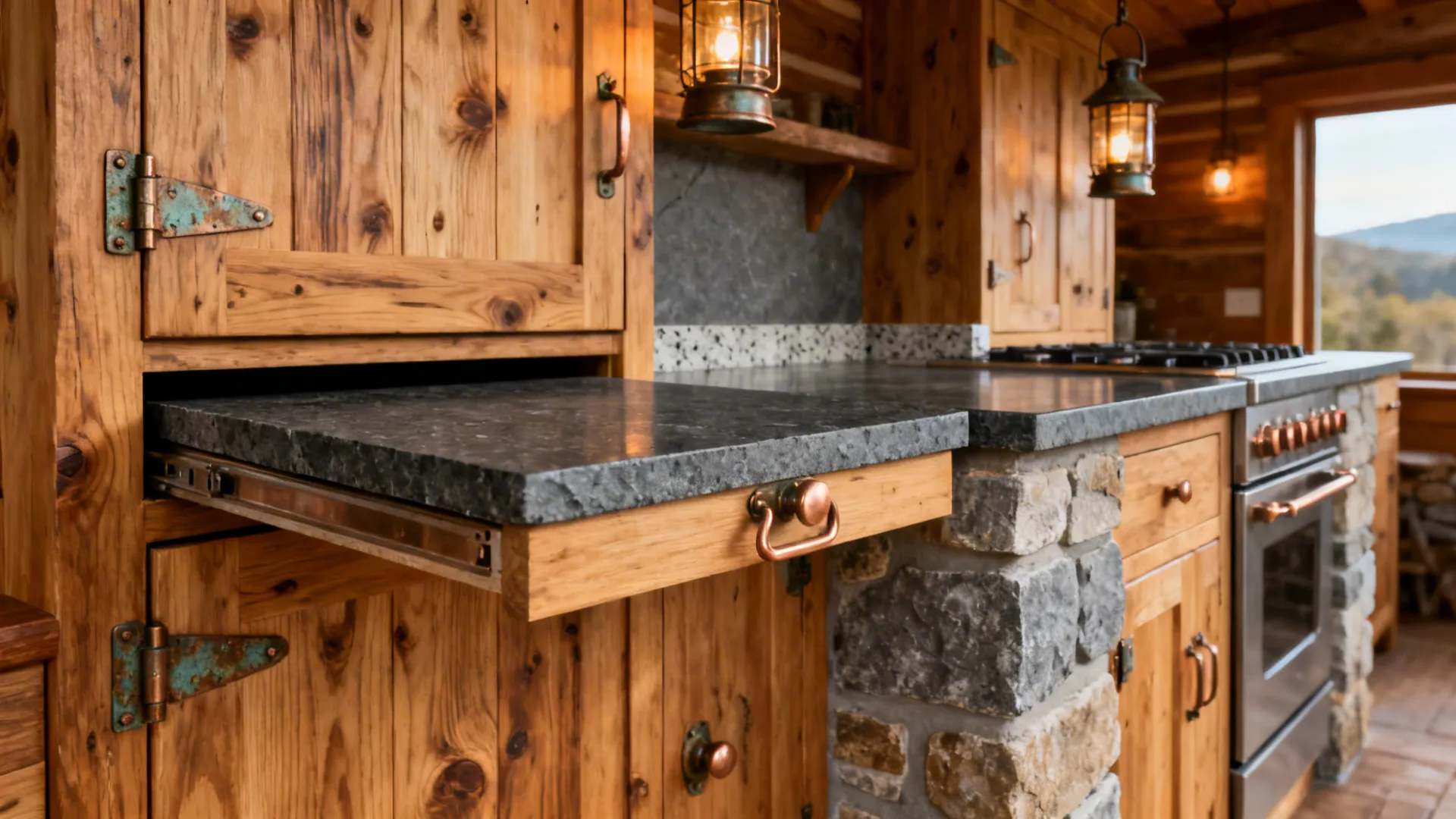 Spruce cabinetry with deepslate counters and copper accents under warm lantern light.