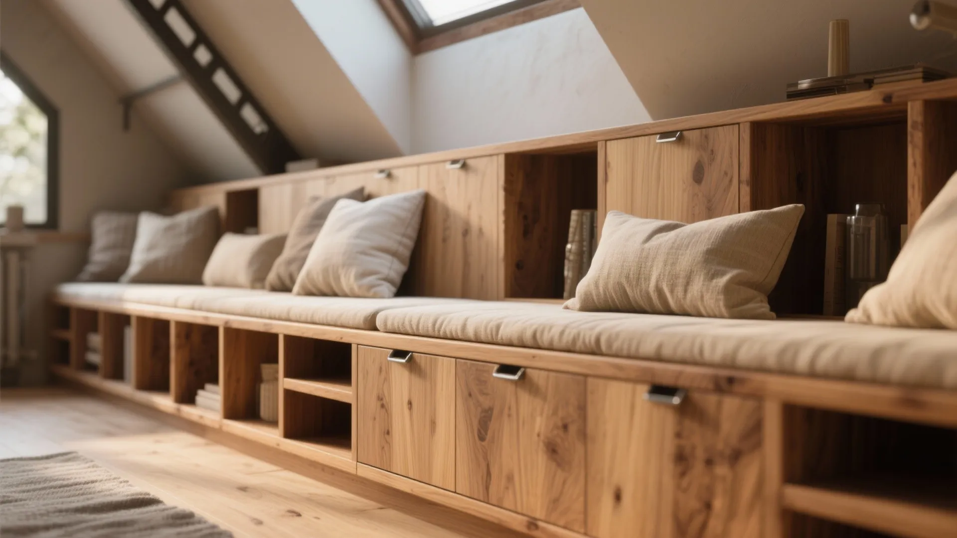 Warm wood accents with integrated storage
