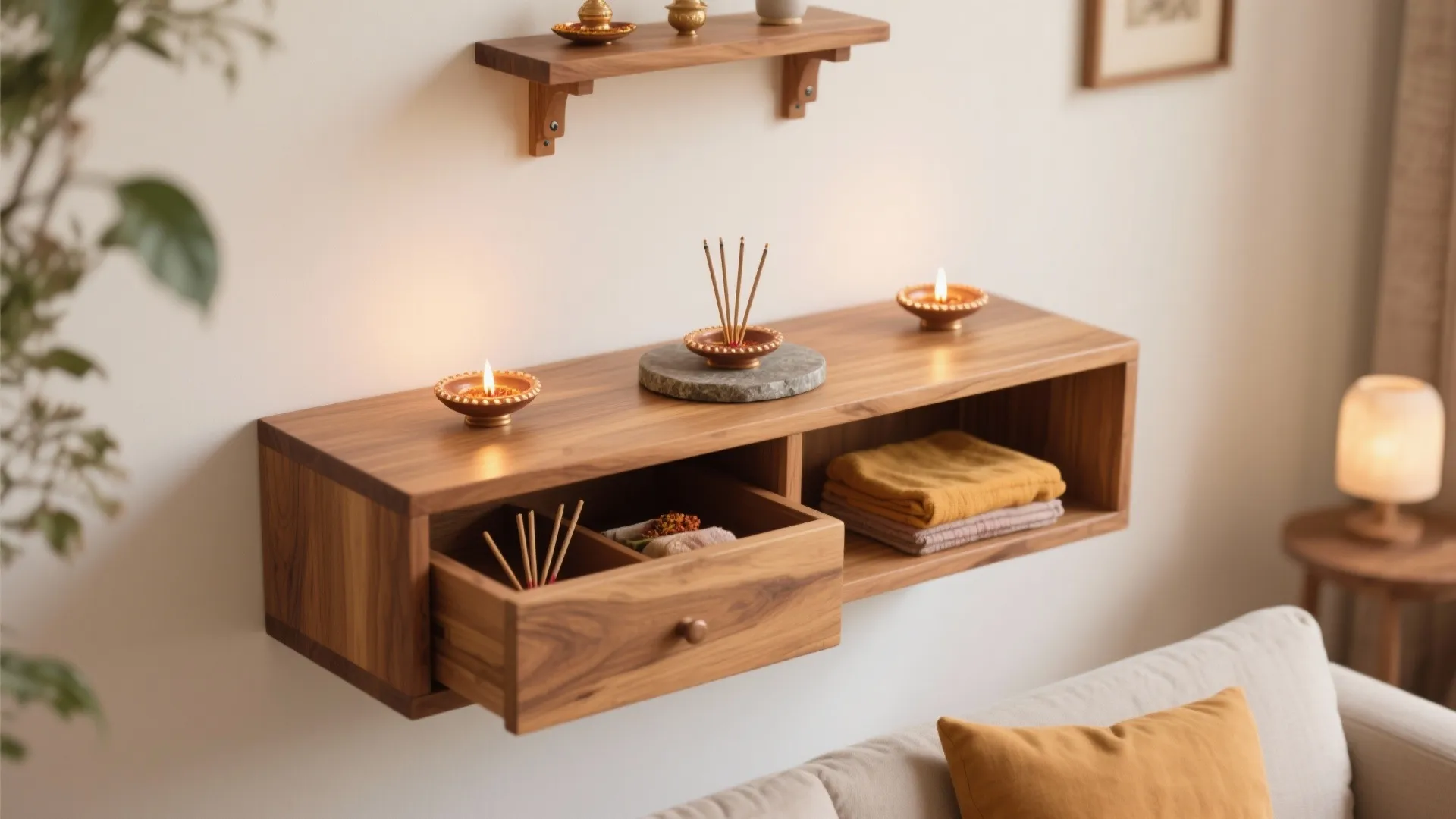 Wooden floating cabinet with open drawer holding incense sticks and candles near a white sofa