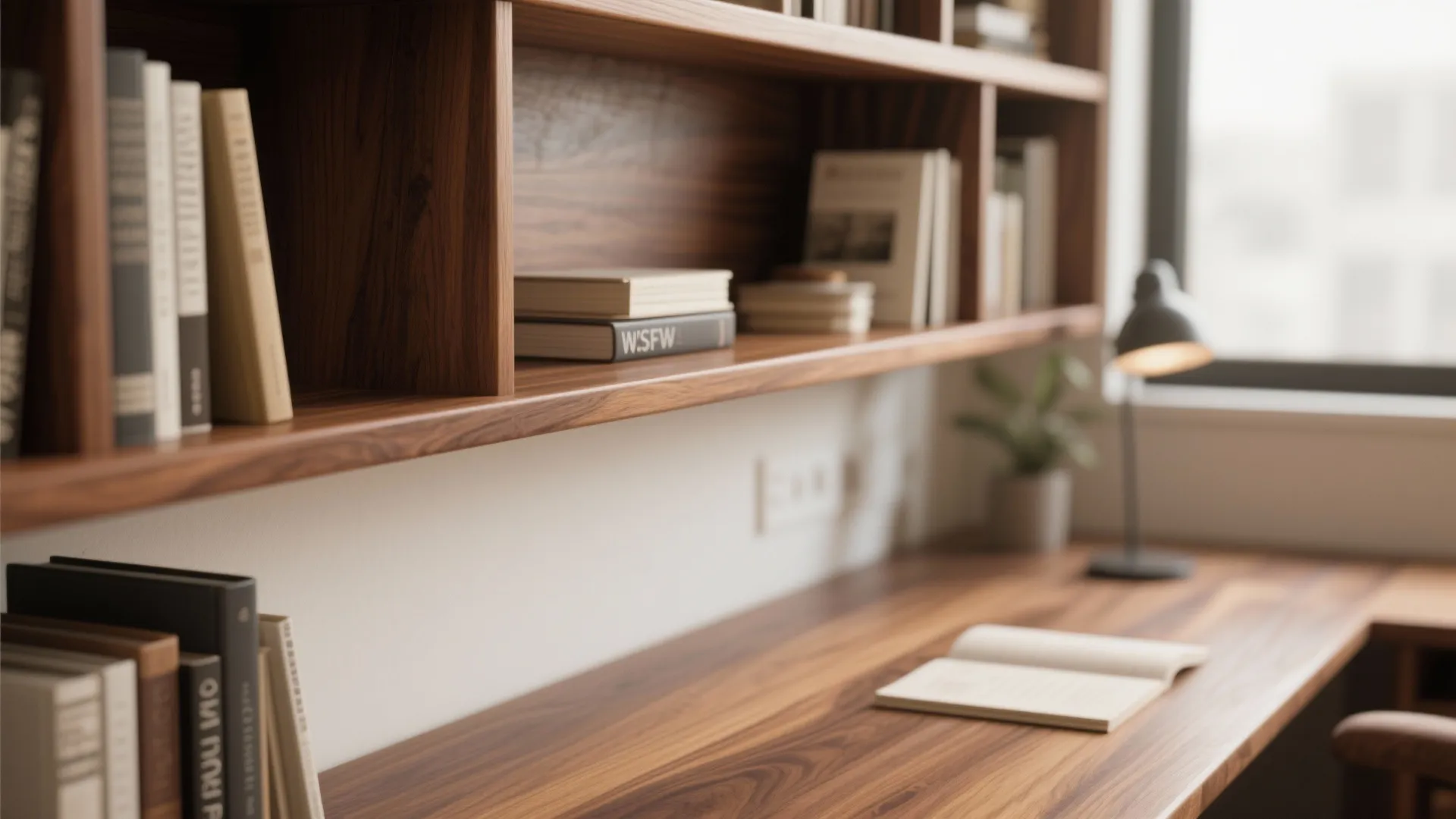 Modern wooden desk and bookshelf with many books, a small black lamp, and open book