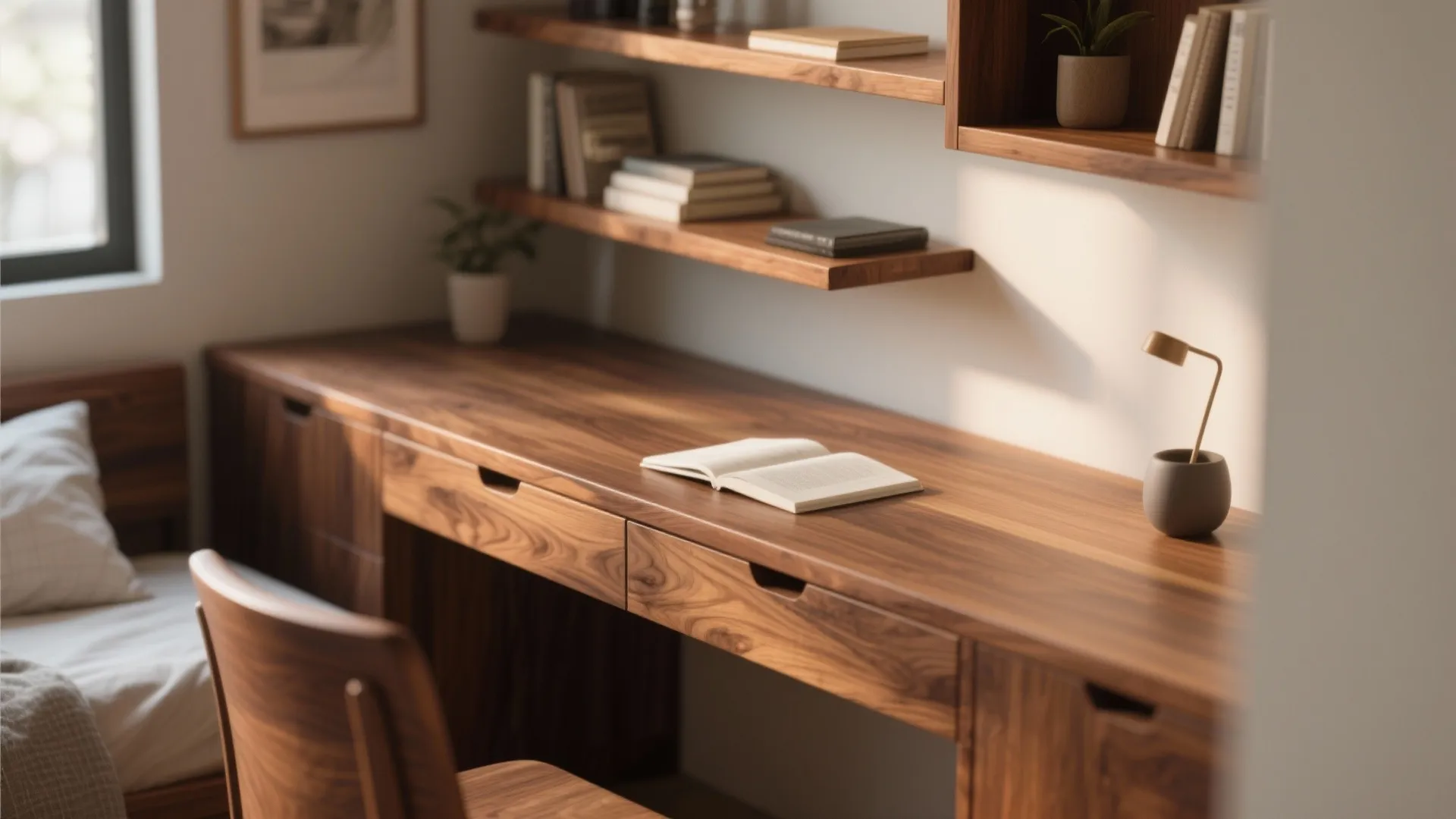 Macro view of warm walnut desk and shelves in a cozy bedroom study