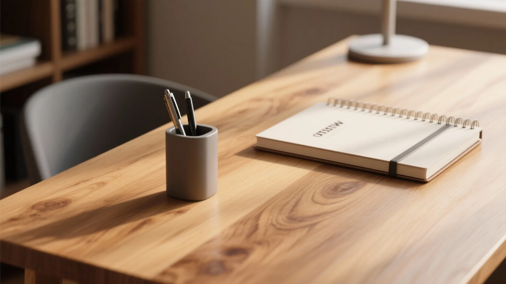 Close up of wooden desk with spiral notebook pen holder and sunlight from a window